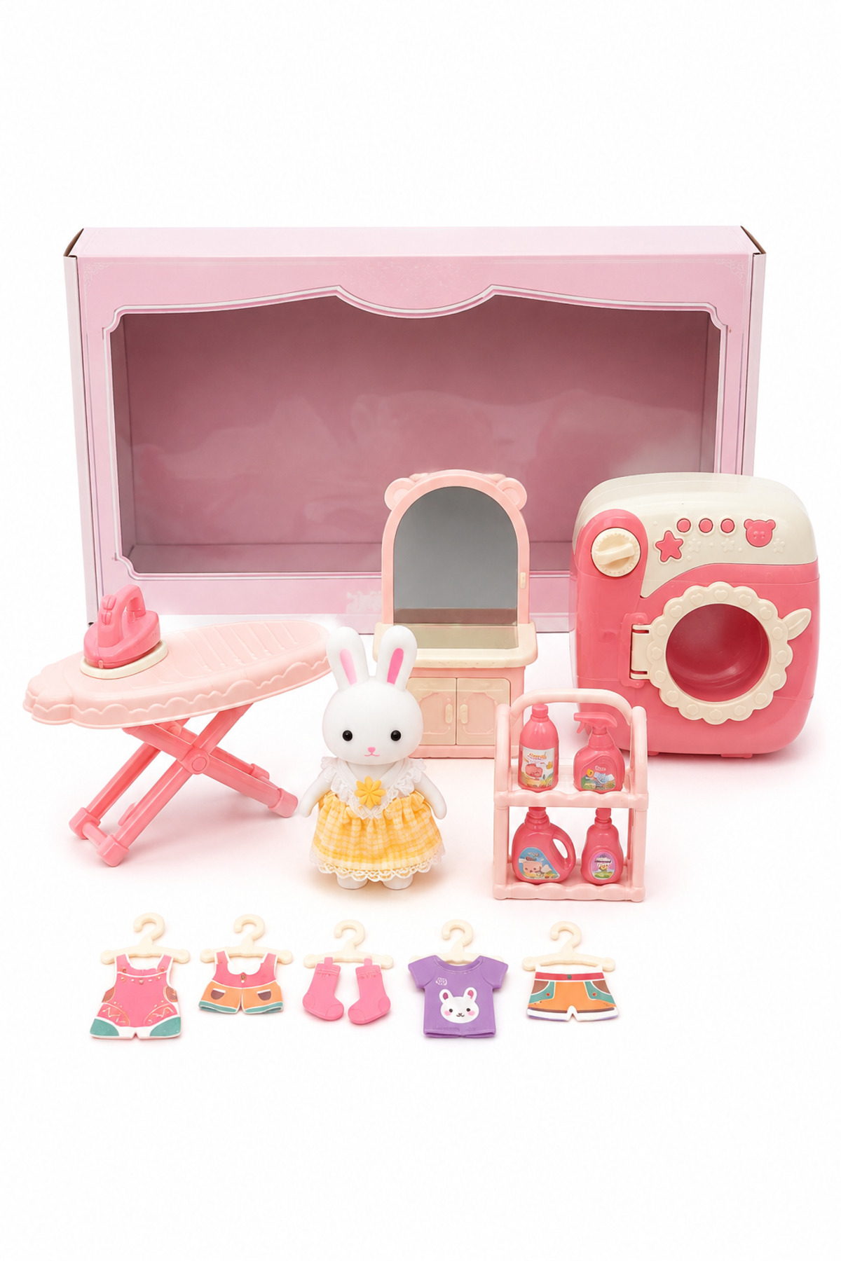 ZİVENTA Rabbit Figurine Washing Machine and Ironing Set – Playhouse Playset with Accessories, Wardrobe Mirror and Clothes