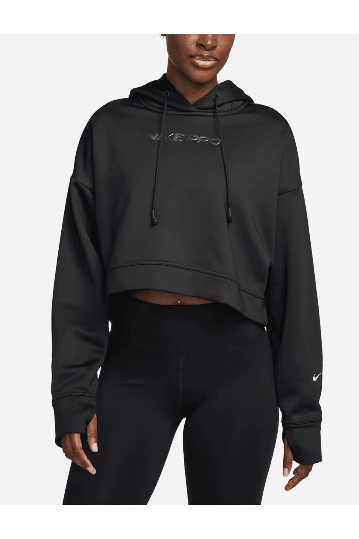 Nike Pro Therma-FIT Fleece Kadın Crop Kapüşonlu Siyah Antrenman Sweatshirt | HV3600-010 görsel 7