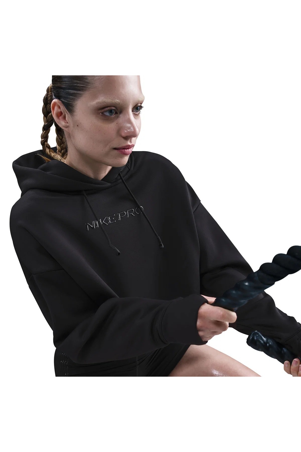 Nike Pro Therma-FIT Fleece Kadın Crop Kapüşonlu Siyah Antrenman Sweatshirt | HV3600-010 görsel 3