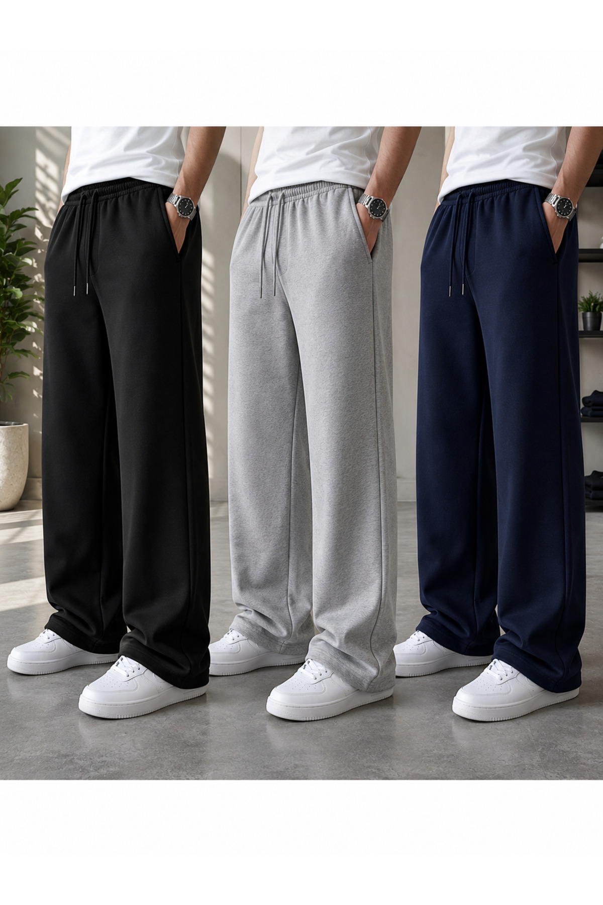 BRACCİX 3-Piece Men's Wide-Leg Sweatpants Black Gray Navy Blue – Comfortable Fit, Pockets, Elastic and Lace-Up Waist