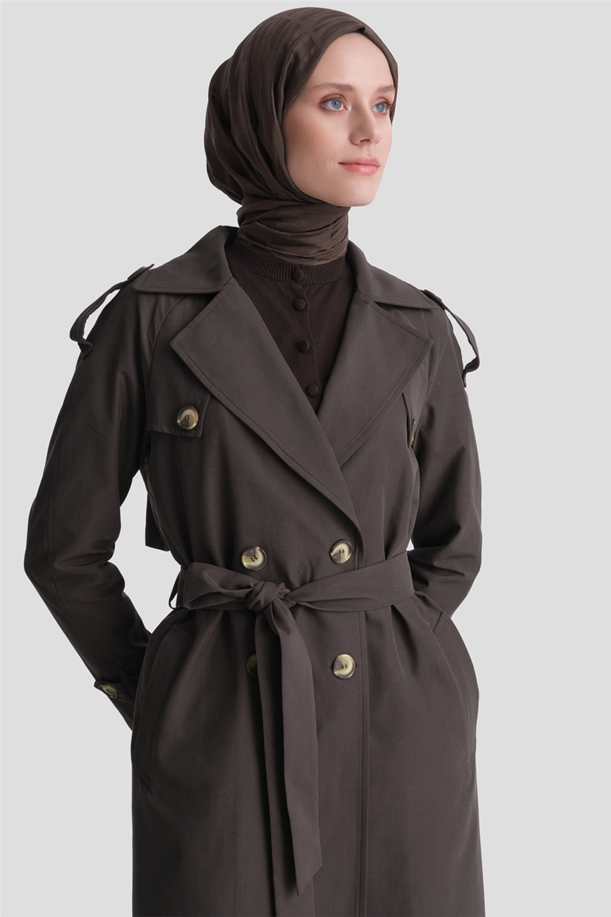 Armine Basic Uzun Trençkot Acı Kahve görsel 4