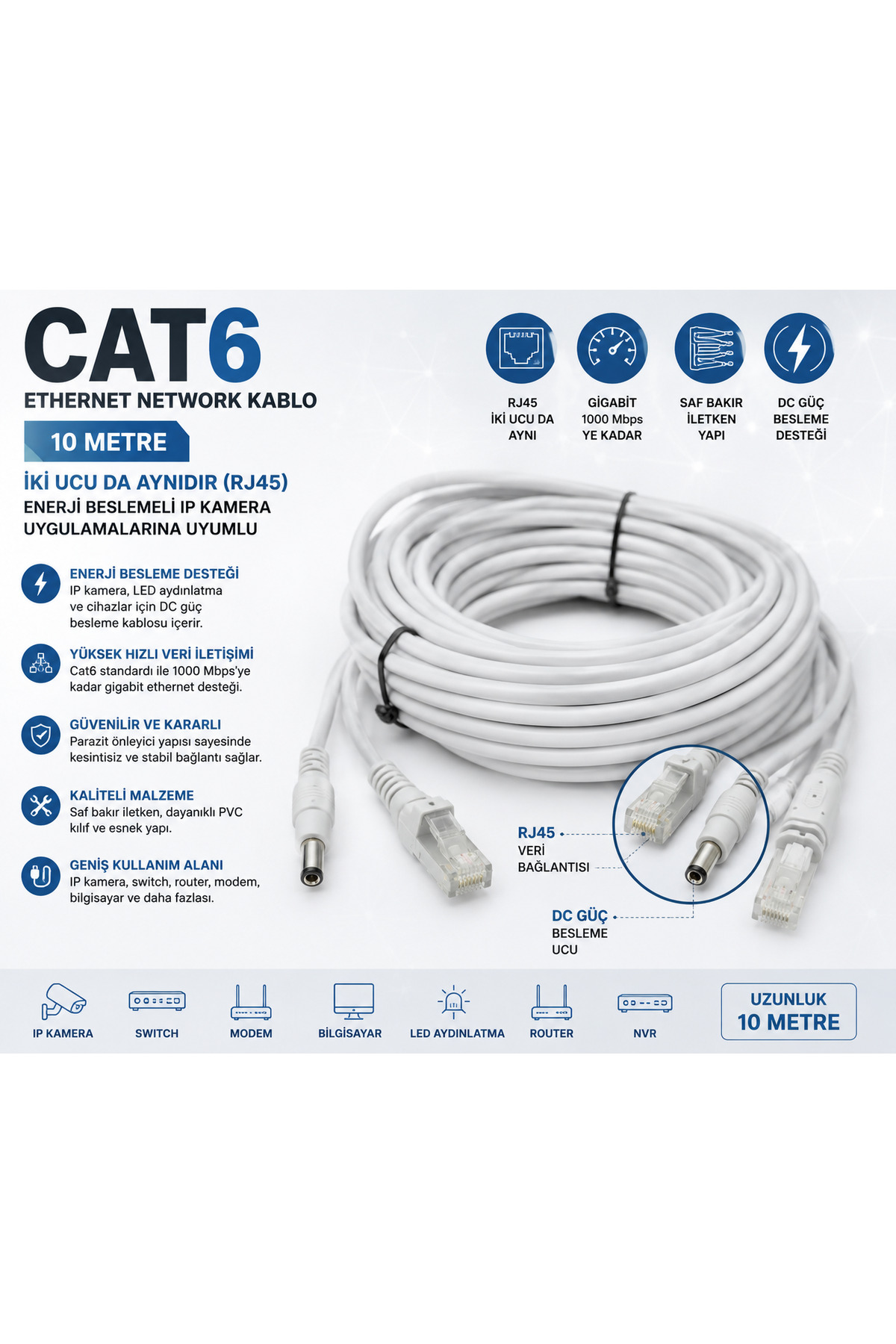ExitCam IP Kamera CAT6 RJ45 + DC Enerji Beslemeli Bağlantı Kablosu 10 Metre
