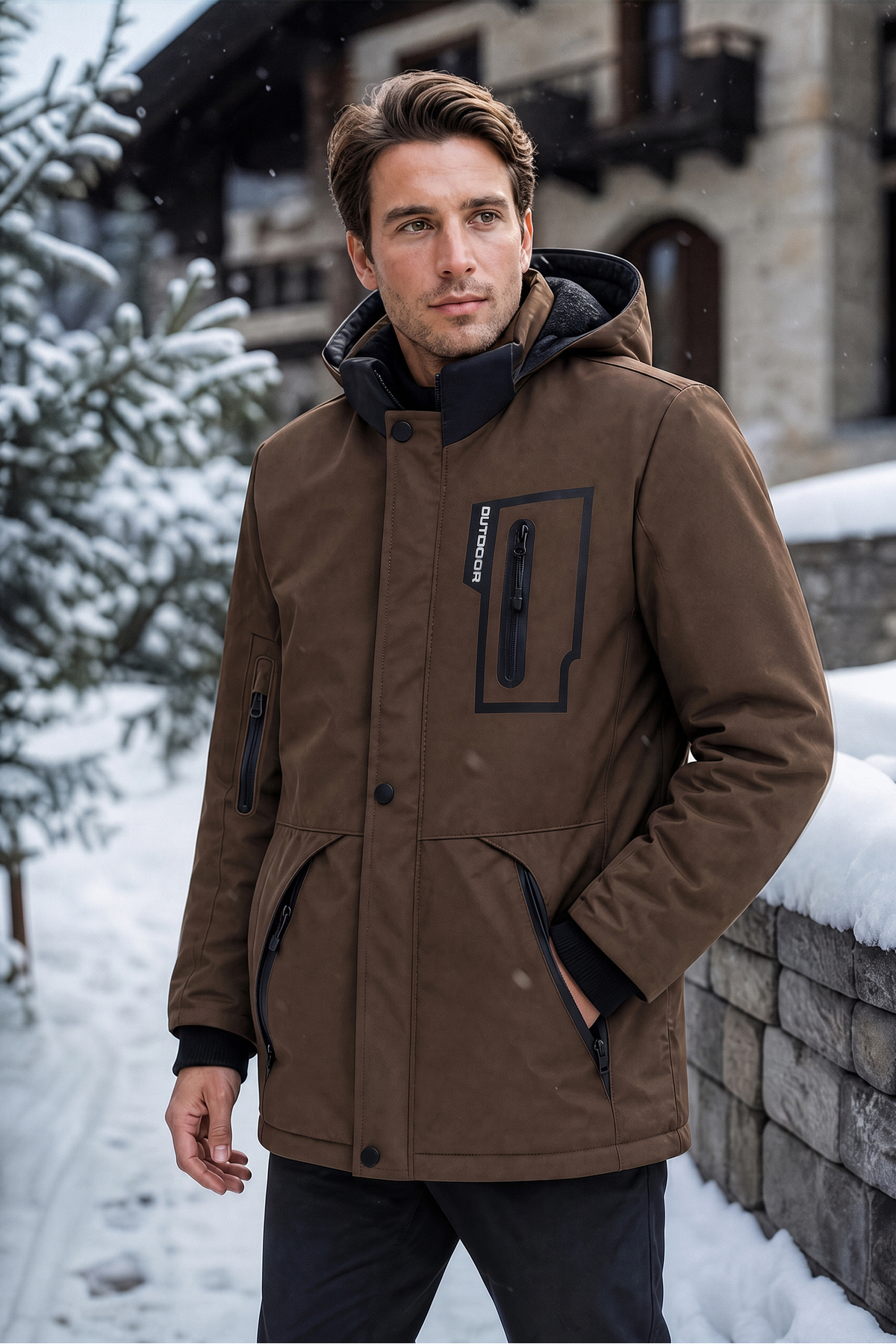 Mero Life Outdoor Kapüşonlu Su Ve Rüzgar Geçirmez Kapitone İçi Kürklü Elyaf Dolgulu Şişme Kahverengi Softshell Mont — قهوهای MERO-1040