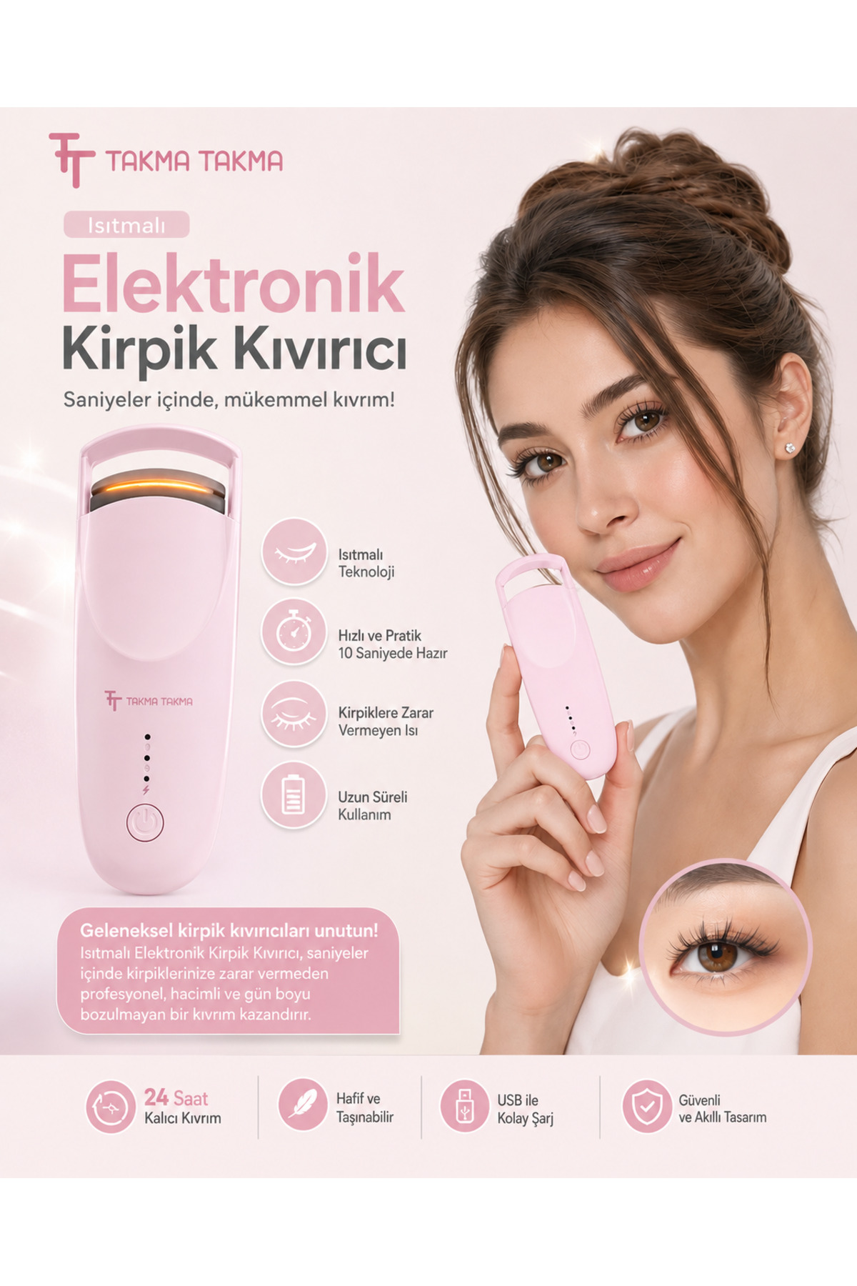Kirpik Kıvırıcı Kirpik Şekillendirici Elektronik Isıtmalı Şarjlı – 2 Isıtma Modlu, 5 Saniyede Hızlı Pembe EKCP — صورتی — تصویر 3 از 5