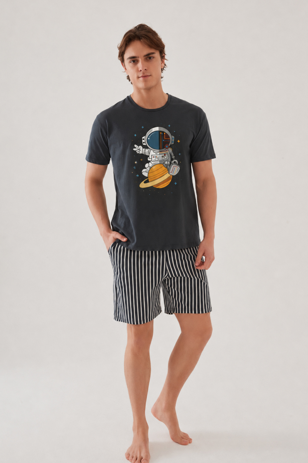 koza iç giyim Erkek Pamuklu Mavi Baskılı Cepli Şort Pijama Takımı görsel 3