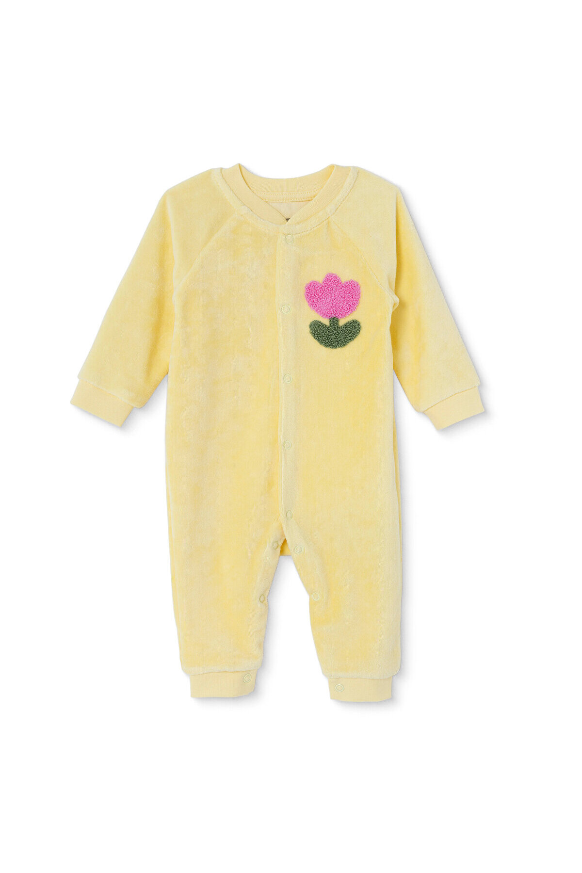 HelloBaby Kız Bebek Kadife Tulum Çiçek Baskılı Çıtçıtlı Bisiklet Yaka Uzun Kol Patiksiz