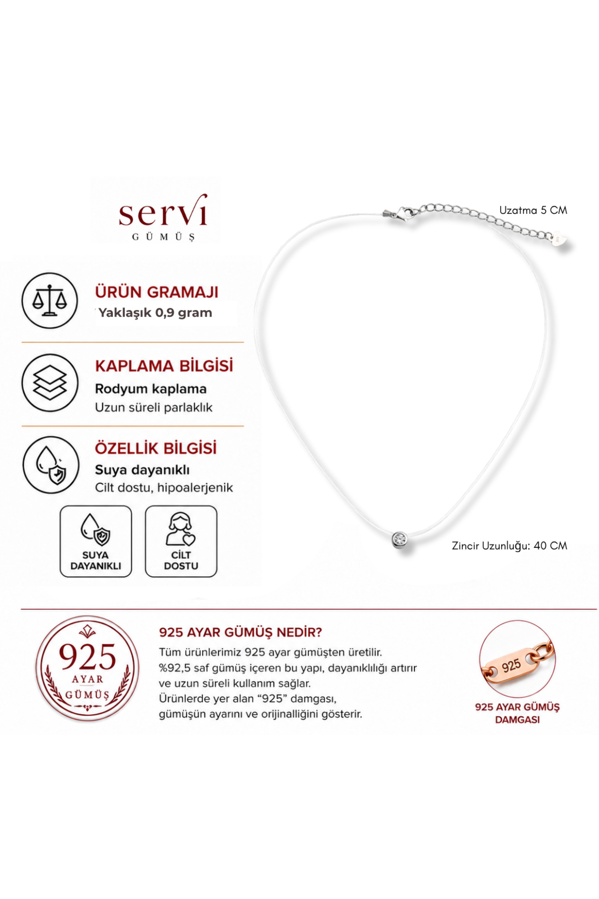 Servi Gümüş Servi 925 Ayar Gümüş 5 mm Zirkon Taşlı Hayalet Kolye görsel 2