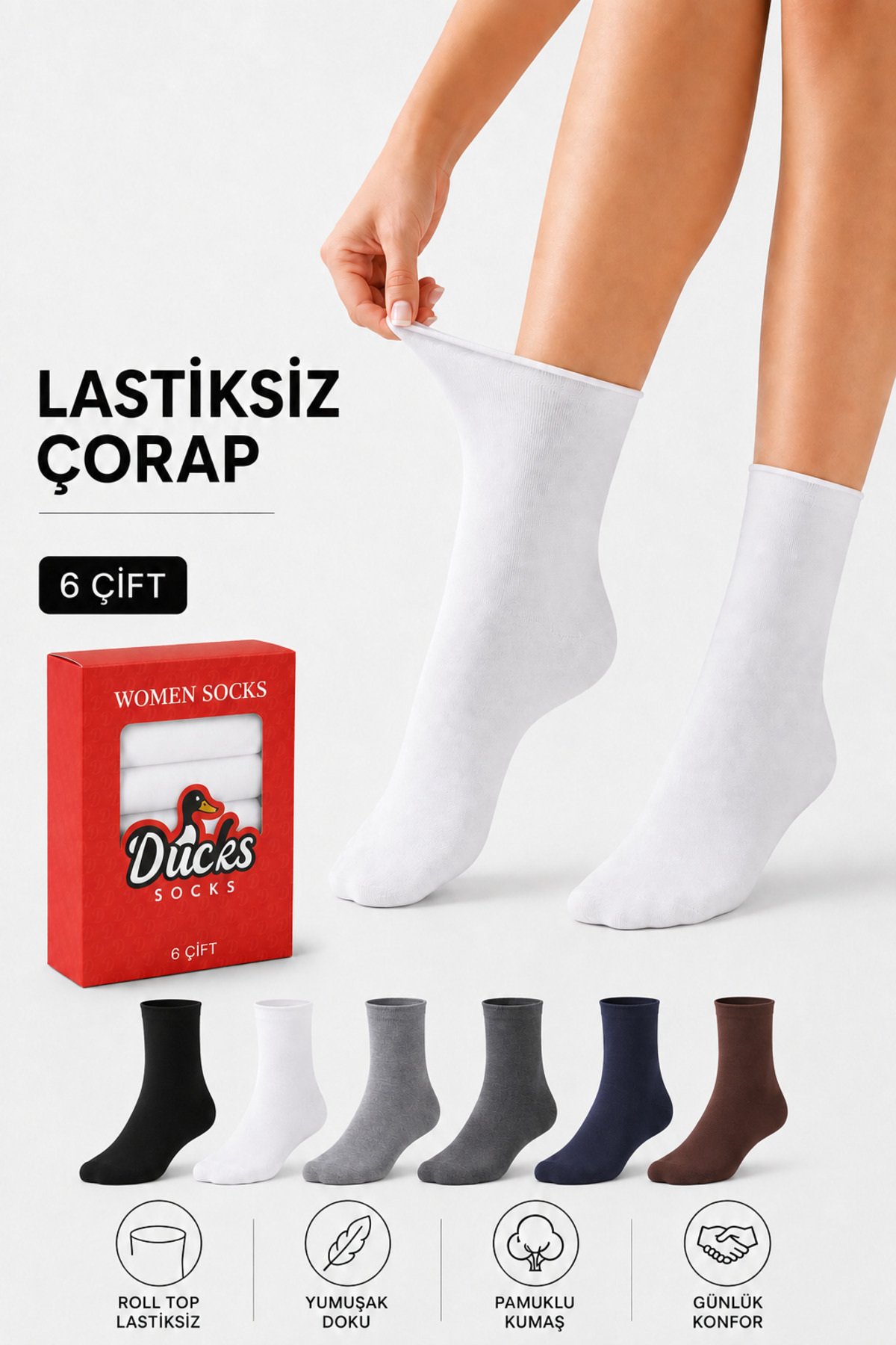 Kadın 6'lı Pamuklu Kutulu Lastiksiz Çorap Diyabetik Dostu Dikişsiz Iz Bırakmaz Uzun Konç Sıkmayan Çorap Renkli