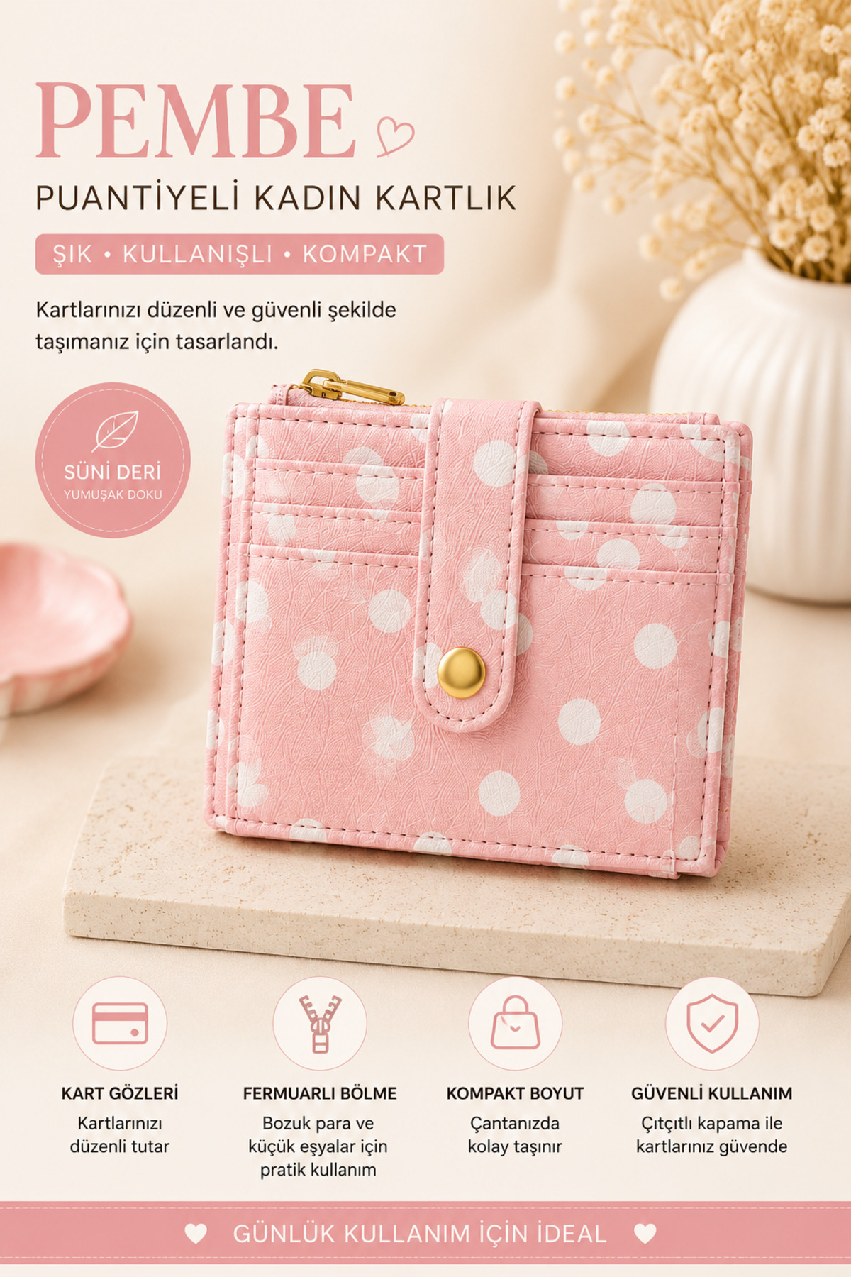 AVRELLA.CTN Kadın Pembe Puantiyeli Suni Deri Kartlık, Kompakt ve Şık Kartlık görsel 2