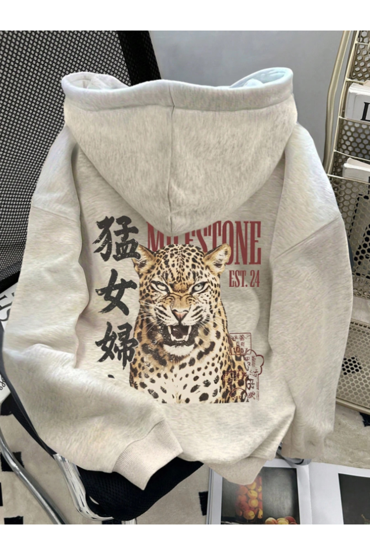 MODARİCH Unisex Kadın/Erkek LEOPAR Özel Tasarım Baskılı Oversize Pamuklu Kapüşonlu Sweatshirt