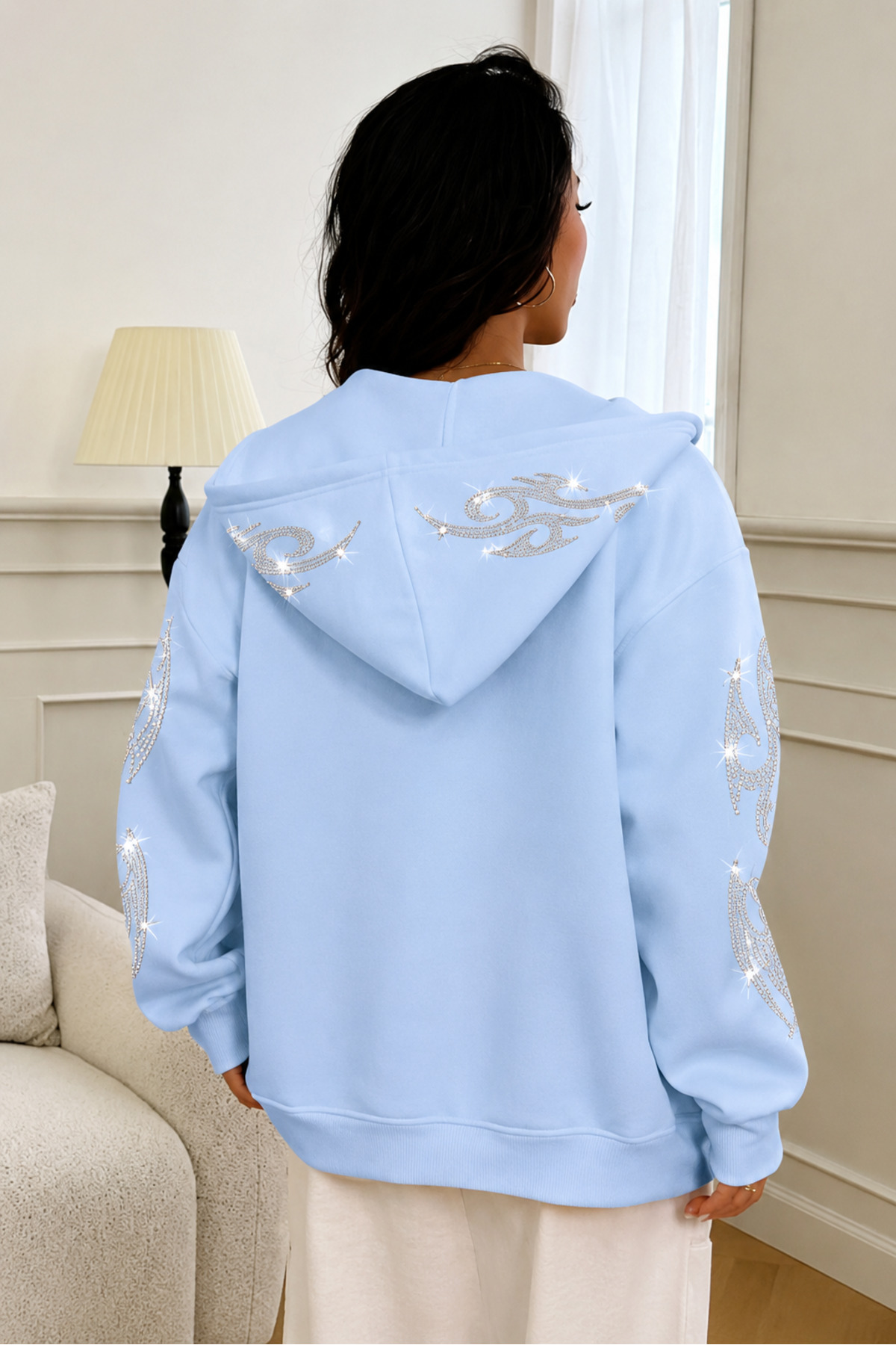MOONBULL Kadın Kolları ve Kapüşonu Tribal Desen Taş Baskılı Fermuarlı Sweatshirt görsel 2
