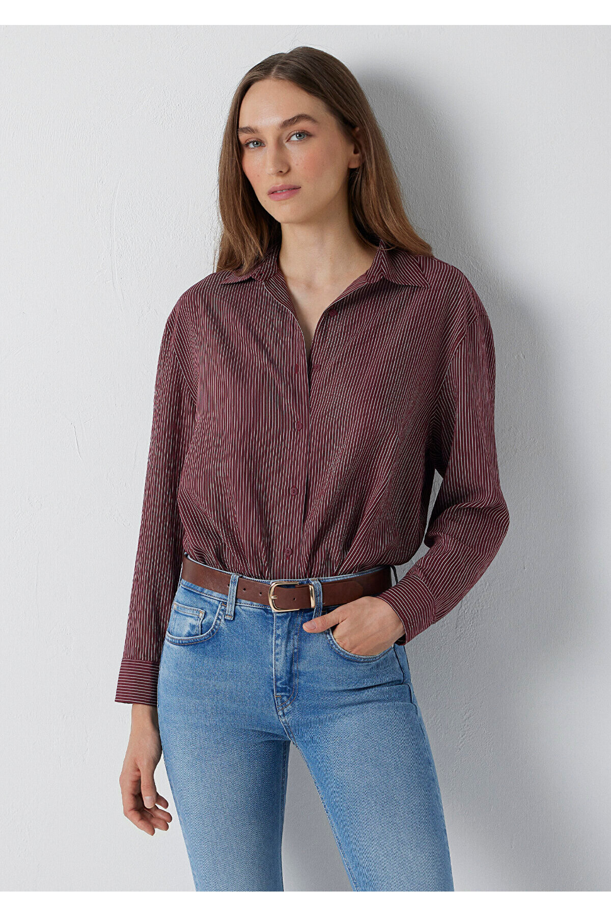 UZUN KOLLU GÖMLEK Zinfandel Stripe — زرشکی M1210683-91627 — تصویر 3 از 7