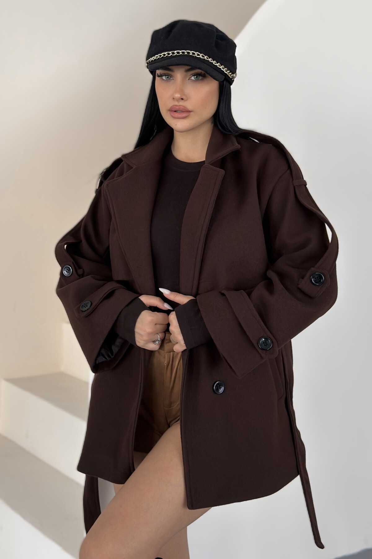 moda armanc Kadın Kuşaklı Kaşe Trençkot Ceket Dik Yaka Çift Düğmeli Oversize Kaban görsel 3
