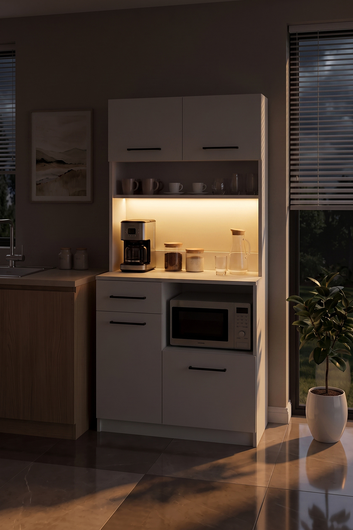 کابینت قهوه‌خوری مدرن با نور LED - ۴ درب و ۱ کشو - کابینت چندمنظوره با نور LED و فضای ذخیره‌سازی وسیع