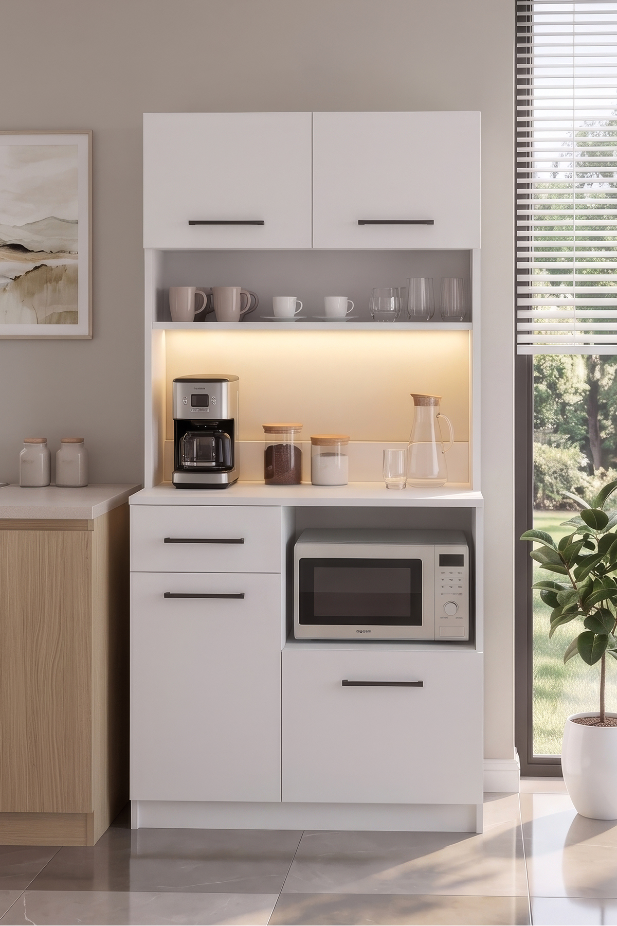 کابینت قهوه‌خوری مدرن با نور LED - ۴ درب و ۱ کشو - کابینت چندمنظوره با نور LED و فضای ذخیره‌سازی وسیع