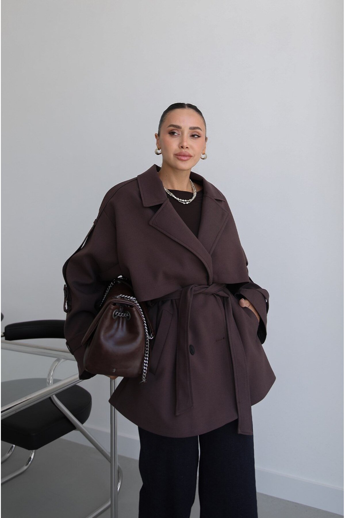 Helen Goods Yeni Sezon Midi Boy Beli Kuşaklı Oversize Kadın Trençkot