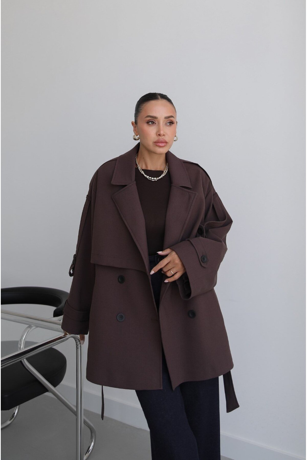 Helen Goods Yeni Sezon Midi Boy Beli Kuşaklı Oversize Kadın Trençkot görsel 5