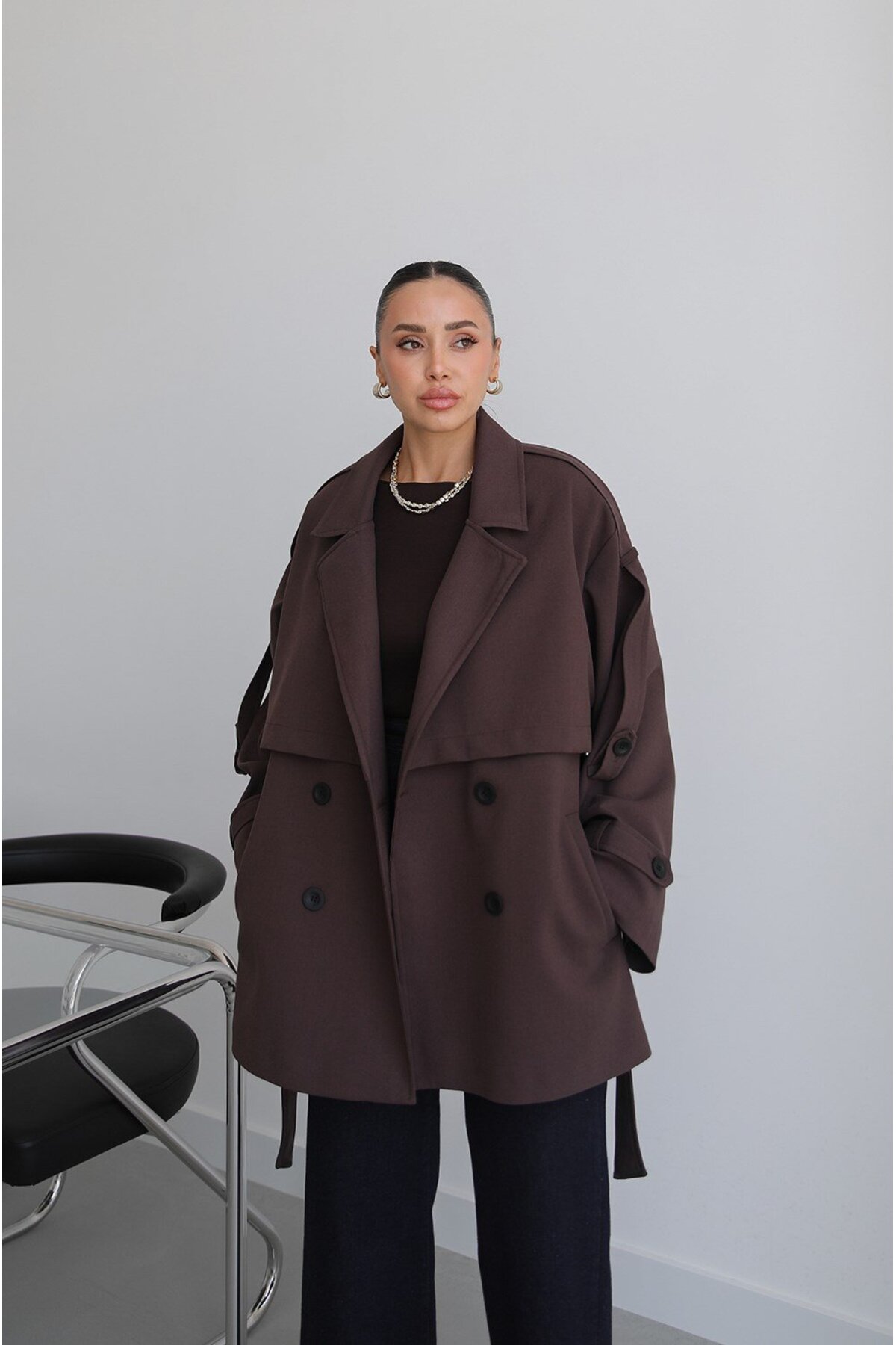 Helen Goods Yeni Sezon Midi Boy Beli Kuşaklı Oversize Kadın Trençkot görsel 4