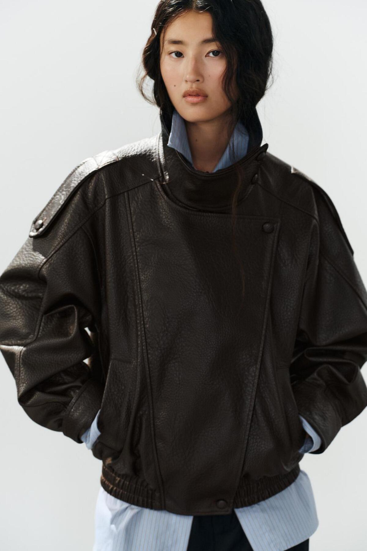 Helen Goods Yeni Sezon Kadın ZRA Oversize Dik Yaka Deri Ceket görsel 3