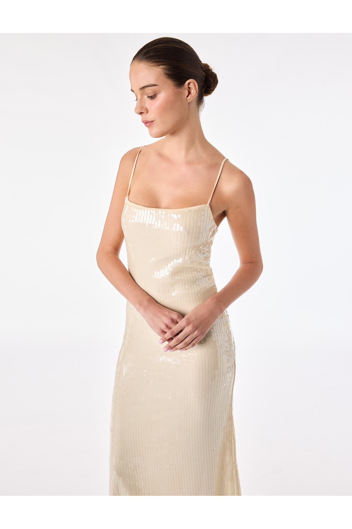 Slim Fit İp Askılı Pullu Payetli Uzun Bodycon Elbise