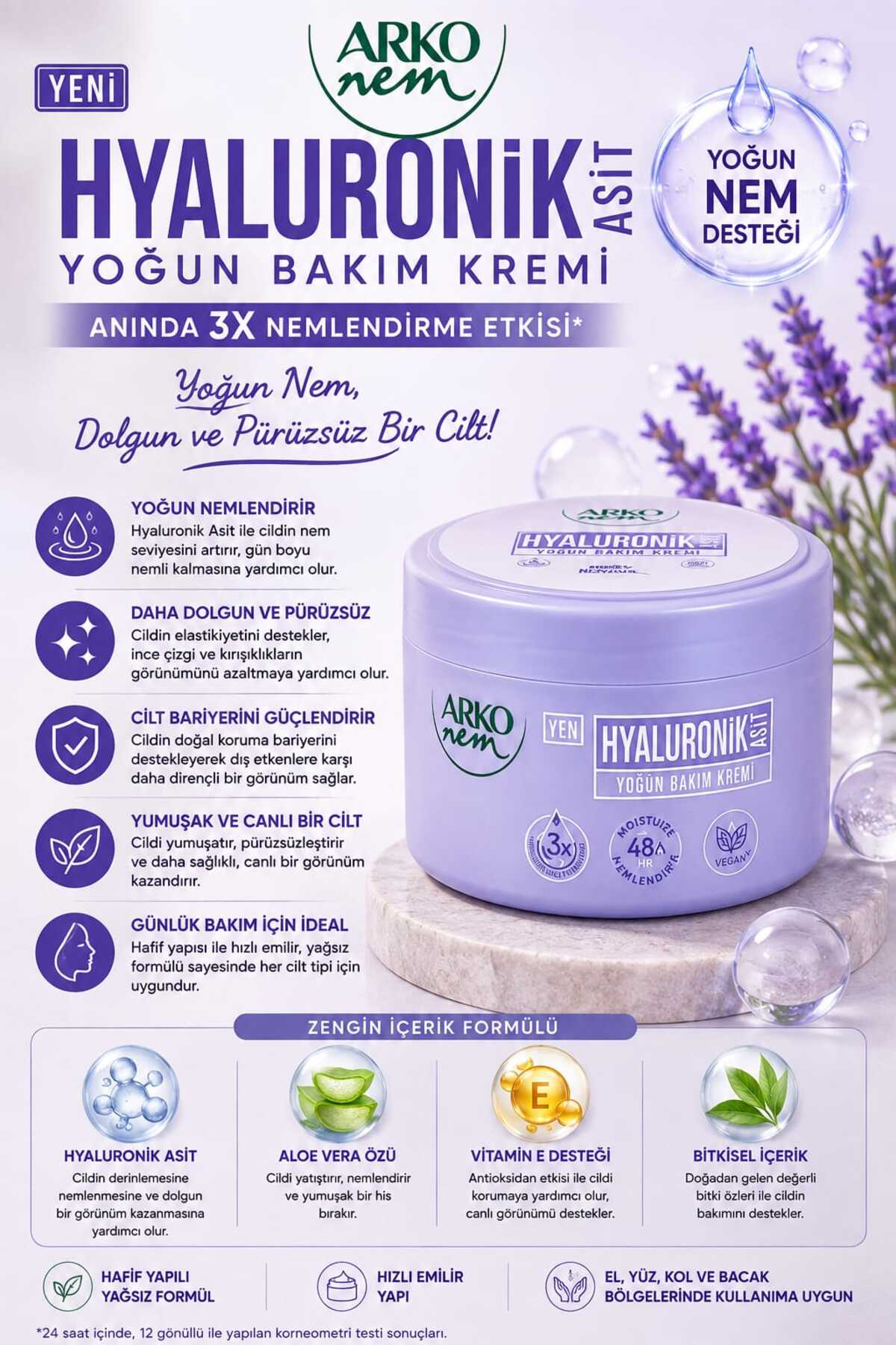 Hyaluronik Asit Yoğun Bakım Kremi 150 ml x 2 Adet – El Yüz Vücut Nemlendirici Bakım Kremi — 8690506563677X2 — تصویر 3 از 4