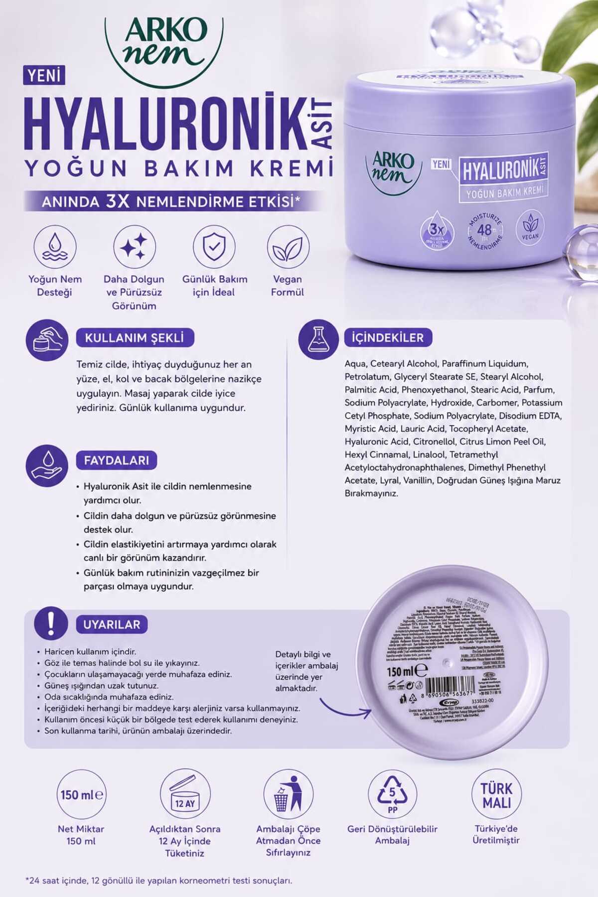 Hyaluronik Asit Yoğun Bakım Kremi 150 ml x 2 Adet – El Yüz Vücut Nemlendirici Bakım Kremi — 8690506563677X2 — تصویر 4 از 4