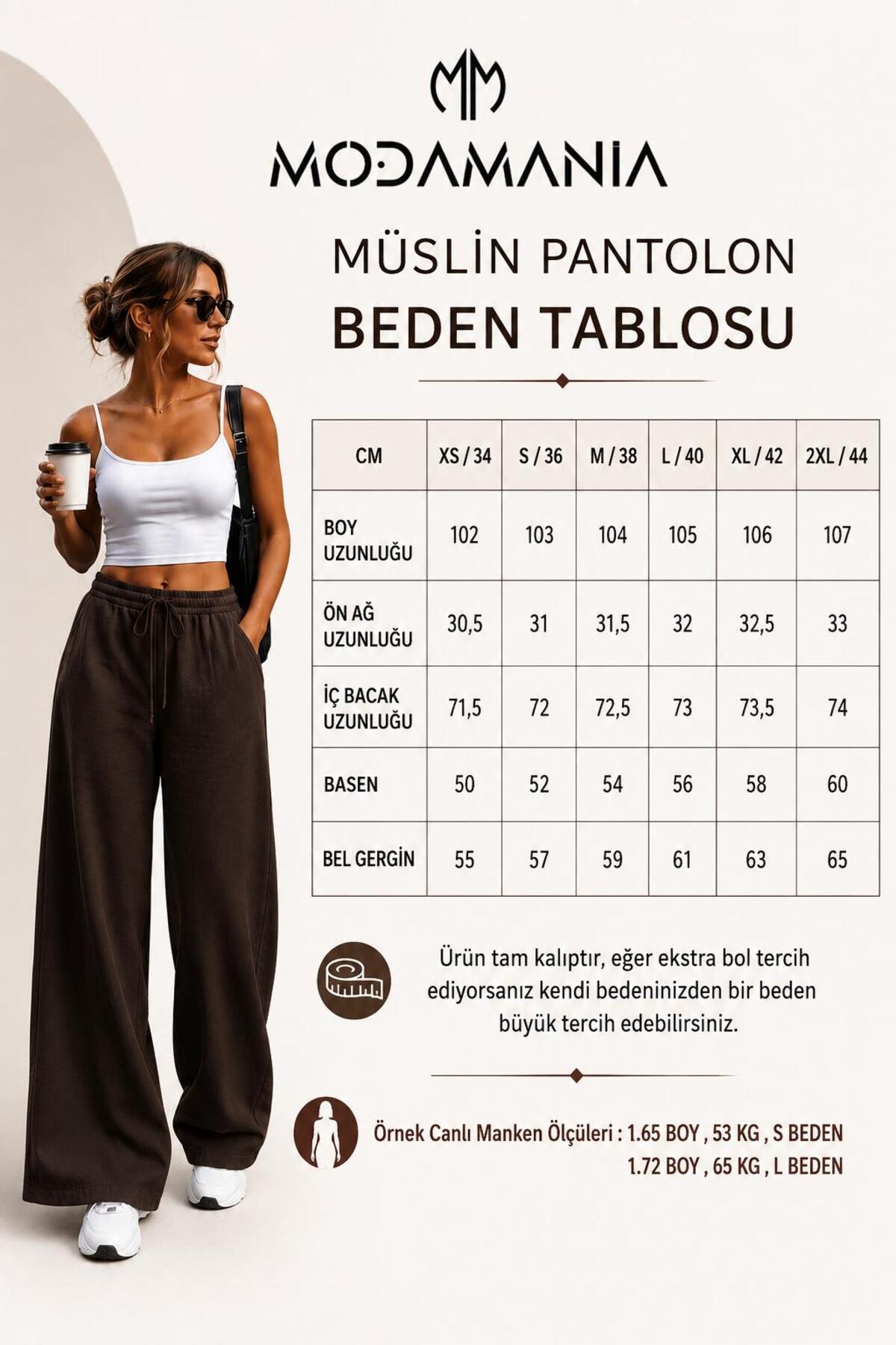 ModaMania Müslin Kumaş Yüksek Bel Bol Paça Palazzo Kadın Pantolon görsel 6