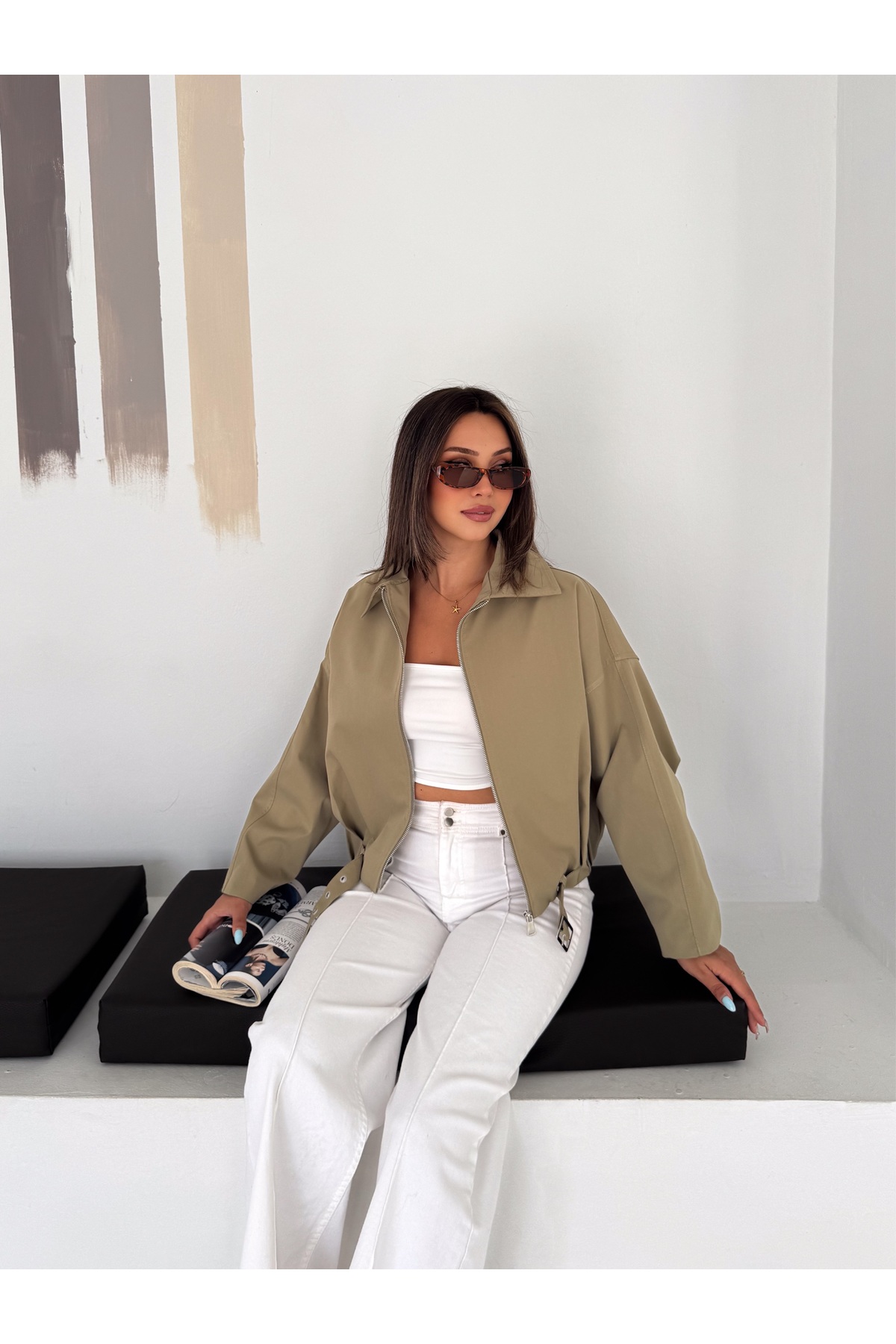 RosePearl Kadın Fermuarlı Düşük Omuz Oversize Bomber Ceket görsel 8