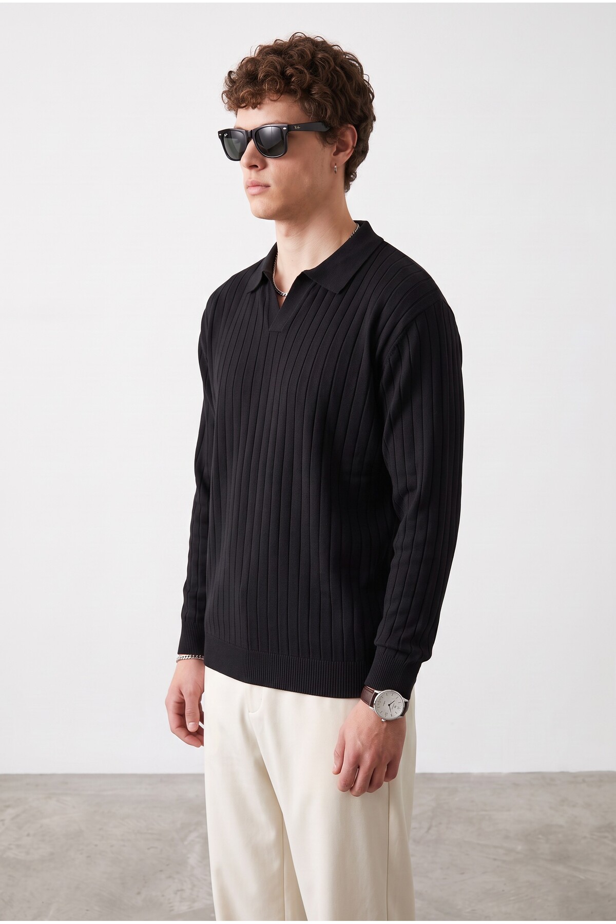 Erkek Polo Yaka Fitilli Kazak — مشکی AZSK00111 — تصویر 4 از 4