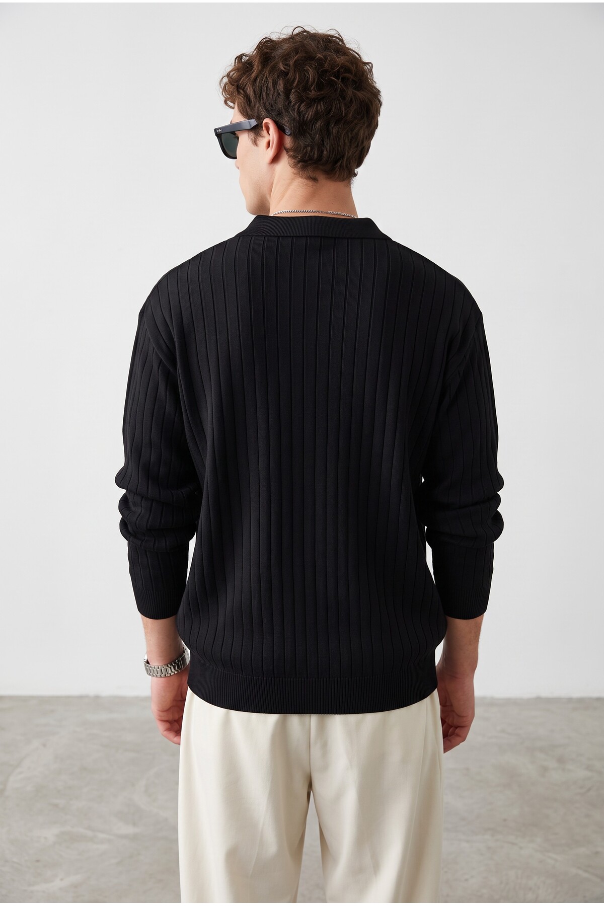 Erkek Polo Yaka Fitilli Kazak — مشکی AZSK00111 — تصویر 3 از 4