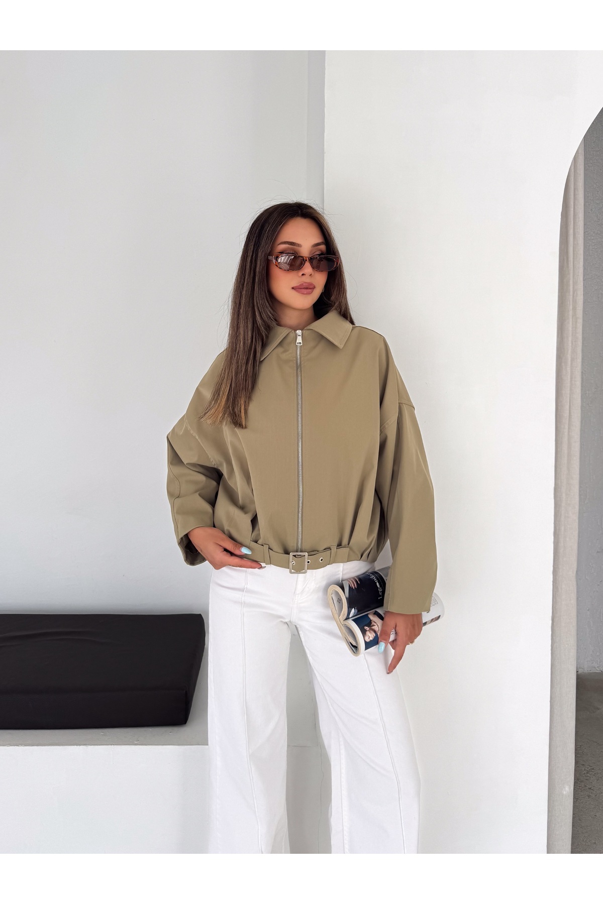 RosePearl Kadın Fermuarlı Düşük Omuz Oversize Bomber Ceket görsel 5