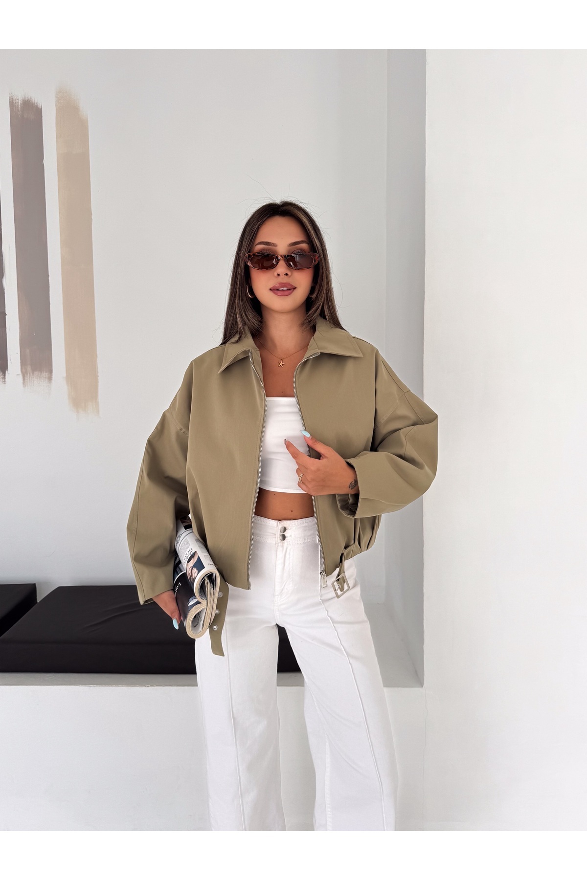 RosePearl Kadın Fermuarlı Düşük Omuz Oversize Bomber Ceket görsel 7