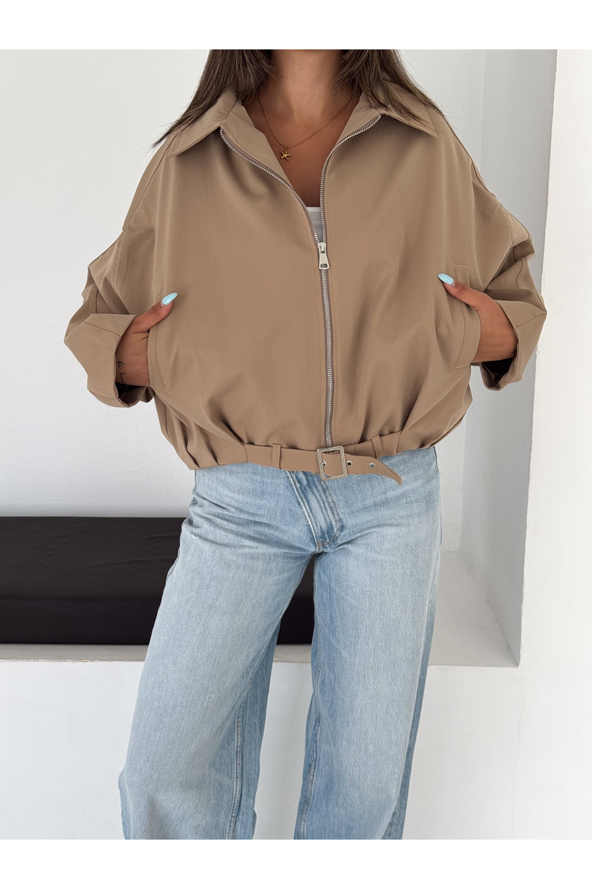 RosePearl Kadın Fermuarlı Düşük Omuz Oversize Bomber Ceket görsel 5