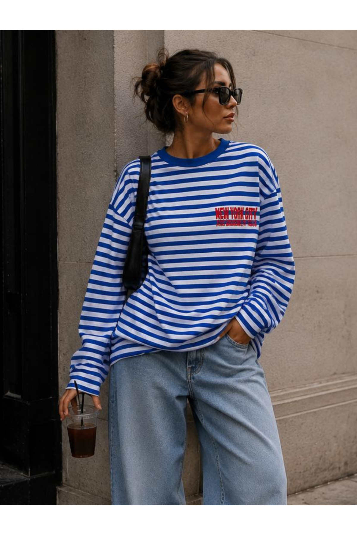 LOVES AGAZA Kadın Mavi Çizgili Oversize Tişört Uzun Kollu Bisiklet Yaka Basic %100 Pamuk