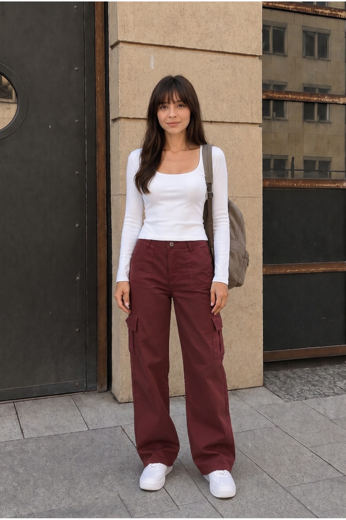 Kargo Cepli Likralı Yüksek Bel Wide Leg Okul Pantolonu Bordo 4