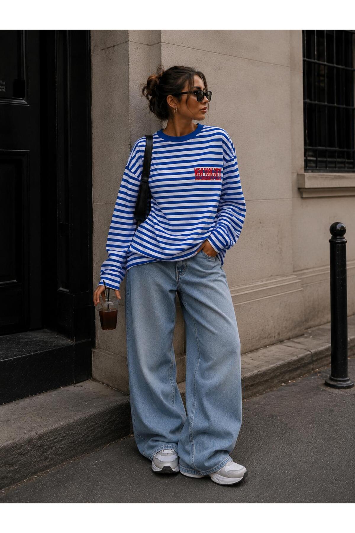 LOVES AGAZA Kadın Mavi Çizgili Oversize Tişört Uzun Kollu Bisiklet Yaka Basic %100 Pamuk görsel 2