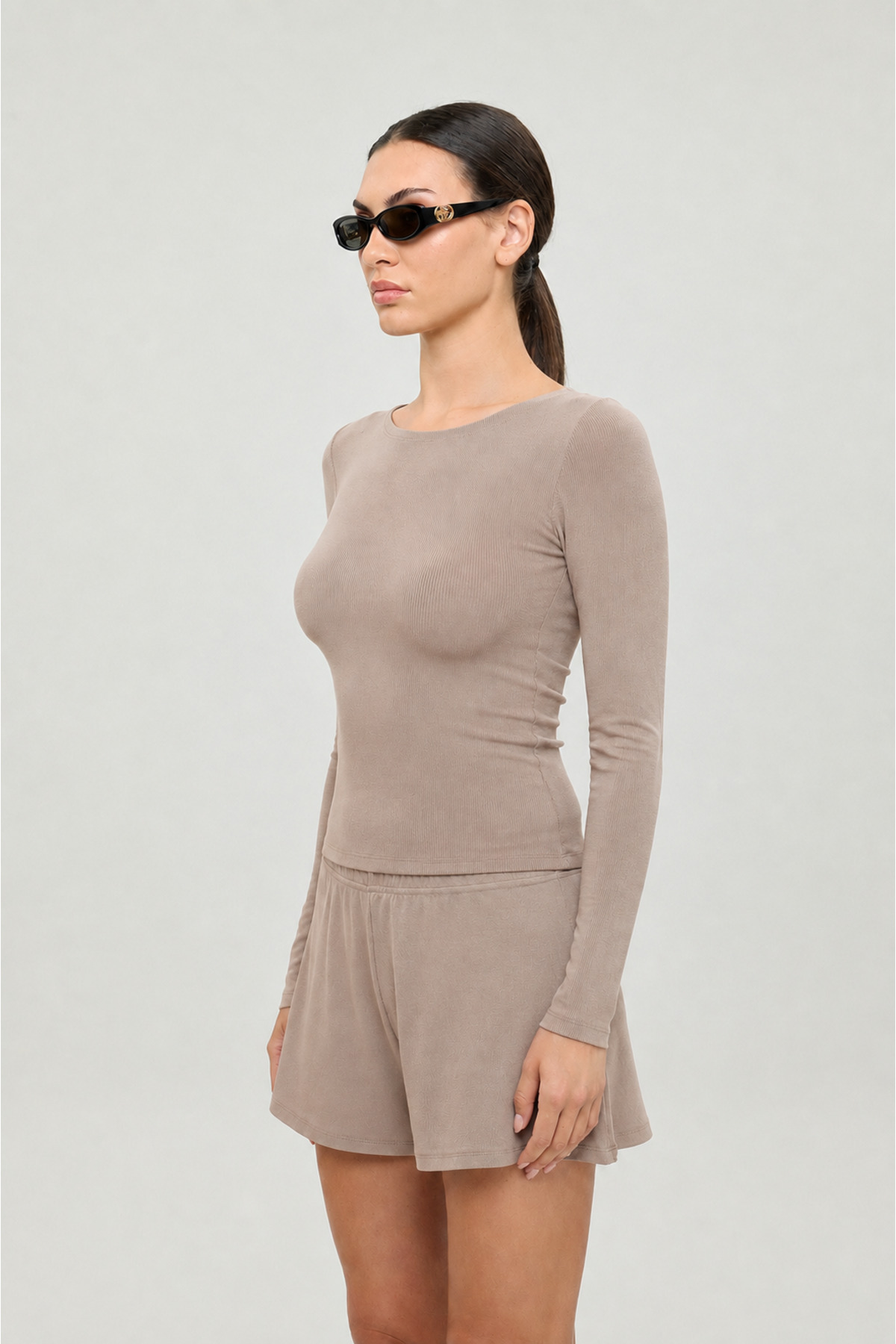 SHEISMONO Soft Rib Kayık Yaka Bluz Vizon görsel 2