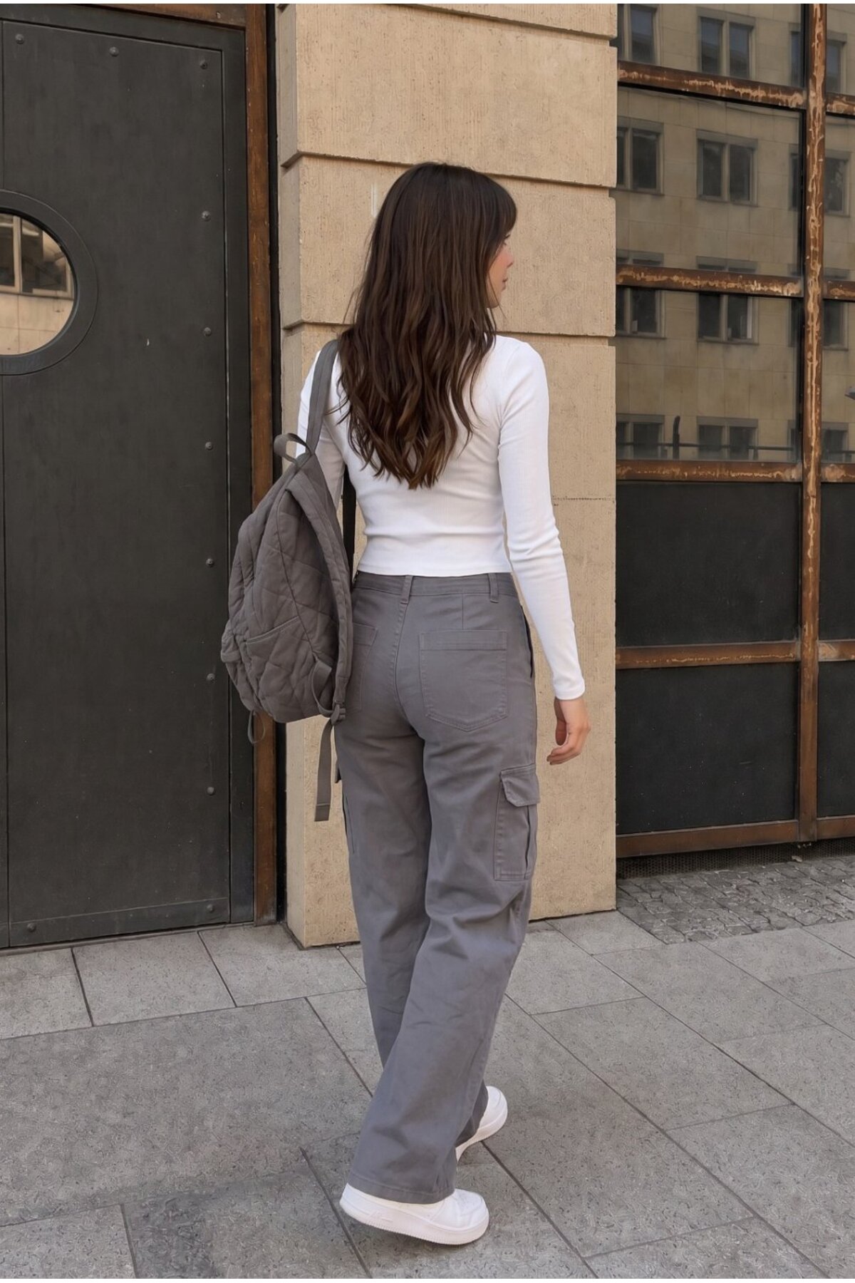 Kargo Cepli Likralı Yüksek Bel Wide Leg Okul Pantolonu Gri 5