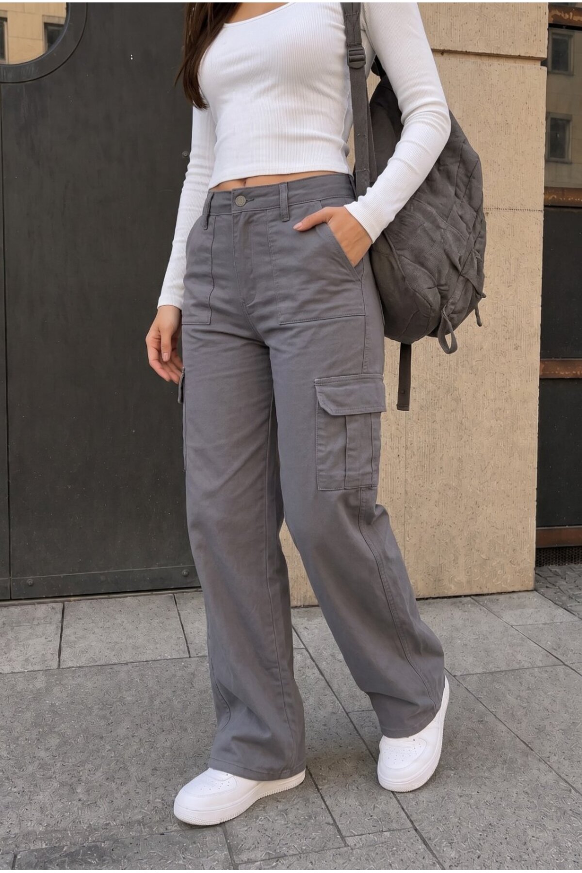 Kargo Cepli Likralı Yüksek Bel Wide Leg Okul Pantolonu Gri 4