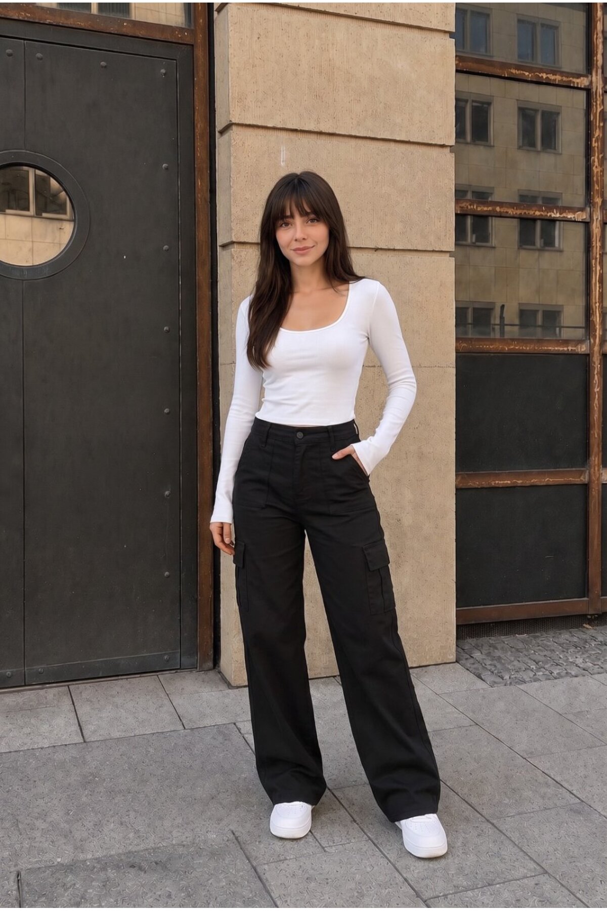 Kargo Cepli Likralı Yüksek Bel Wide Leg Okul Pantolonu siyah 6