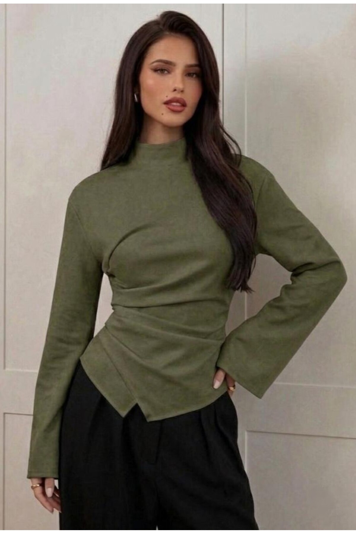 Moda Lounge Dik Yaka Drape Detaylı İspanyol Kollu Şık Bluz görsel 4