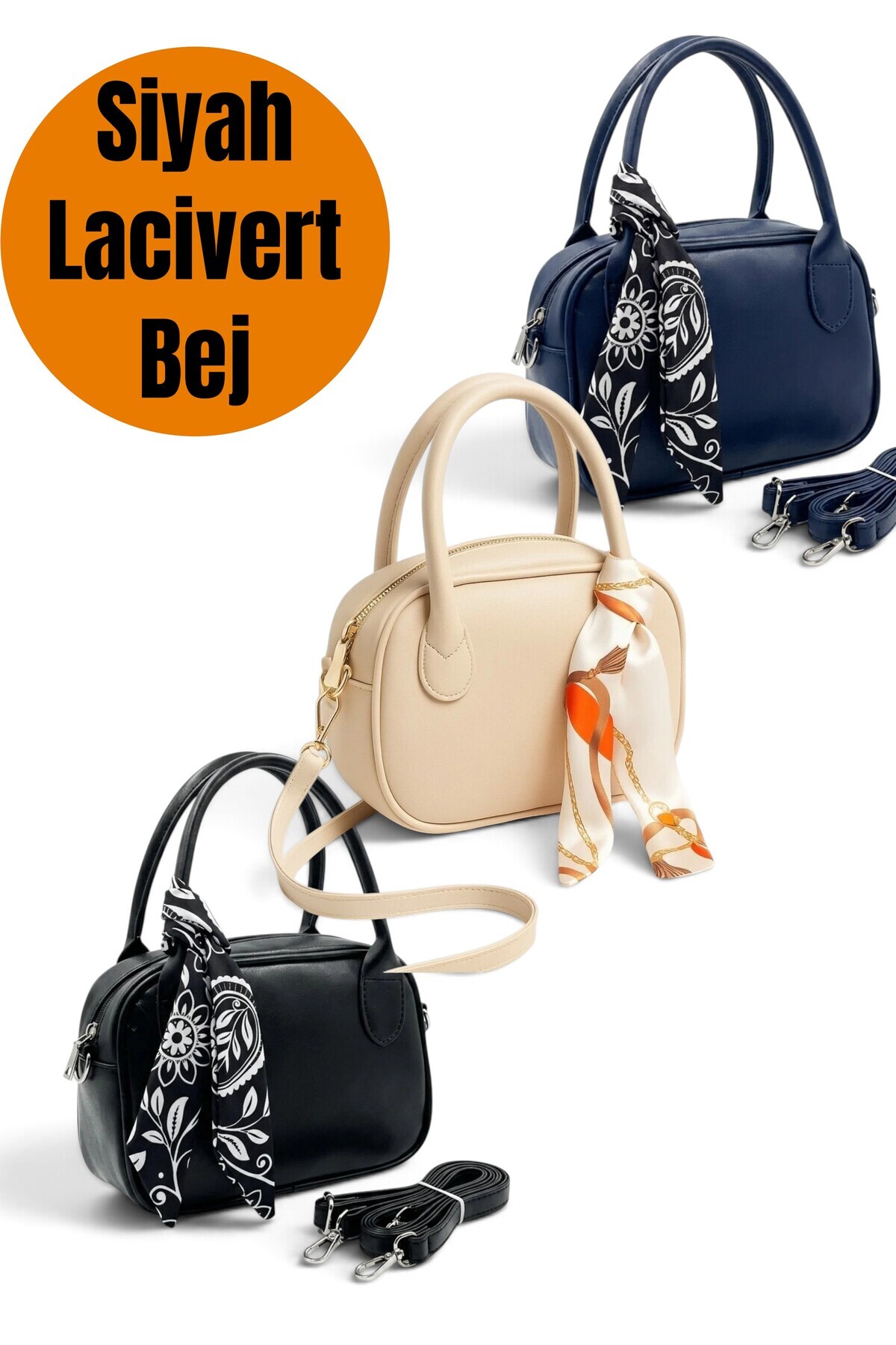 Morlex Siyah - Vizon - Lacivert 3 lü Set Mini El & Omuz Çantası, Fular Detaylı Suni Deri