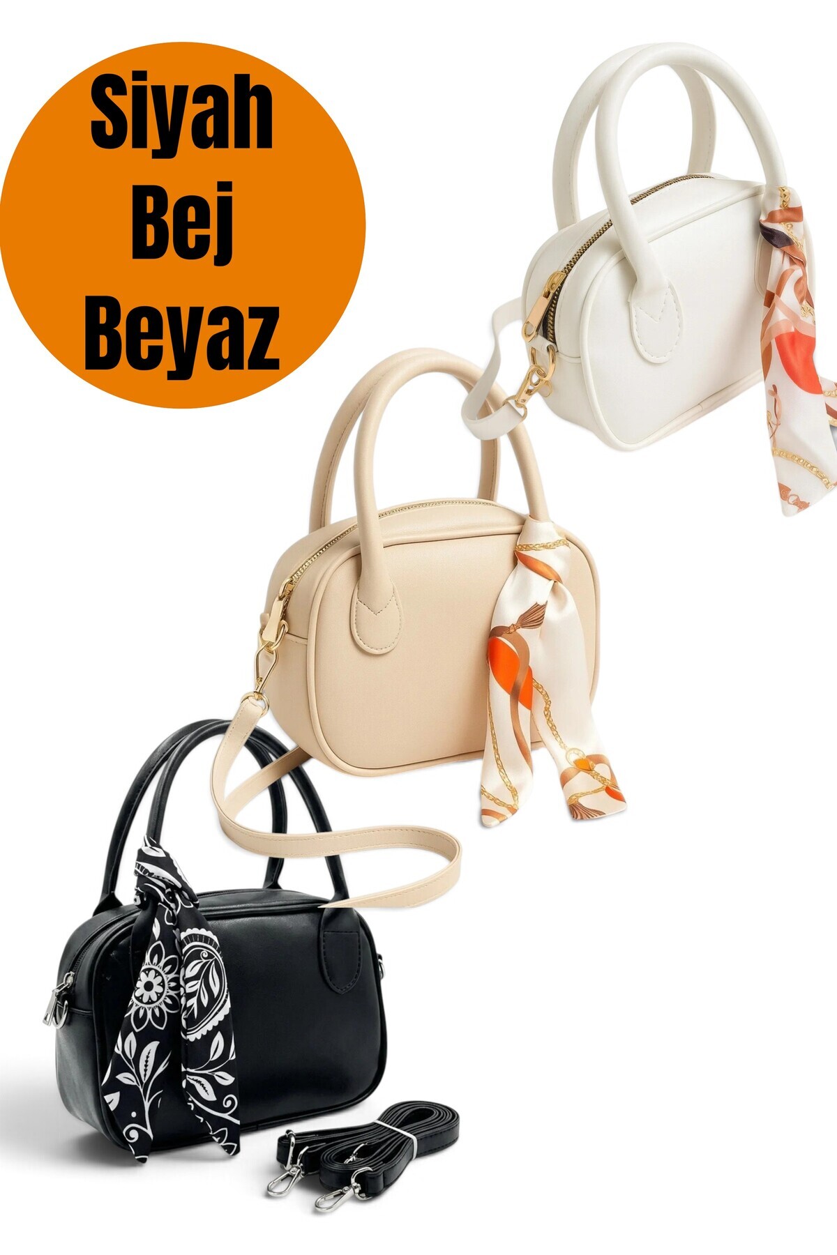 Morlex Siyah Vizon Beyaz 3 lü Set Mini El & Omuz Çantası, Fular Hediyeli Suni Deri