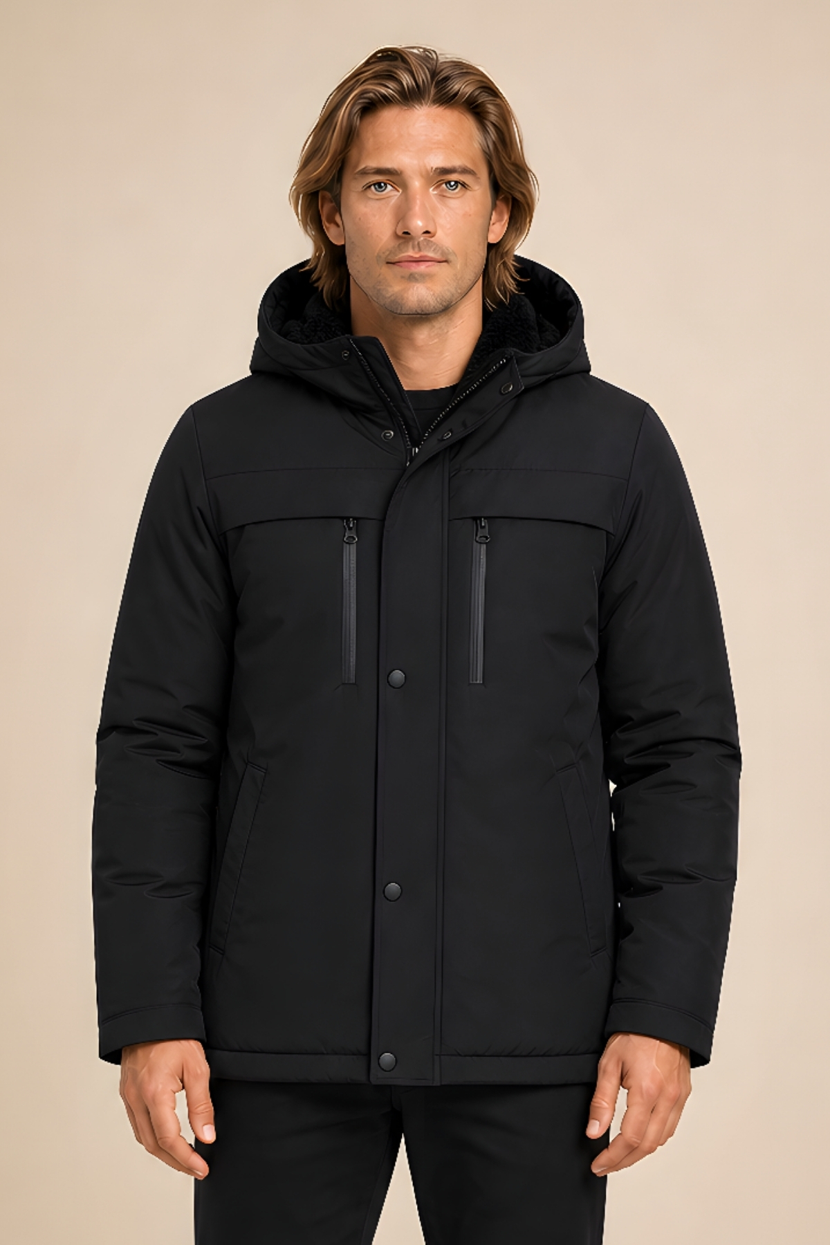 Erkek Siyah İçi Kürklü Su ve Rüzgara Dayanıklı Kışlık Mont & Parka — مشکی GR-FMP-105