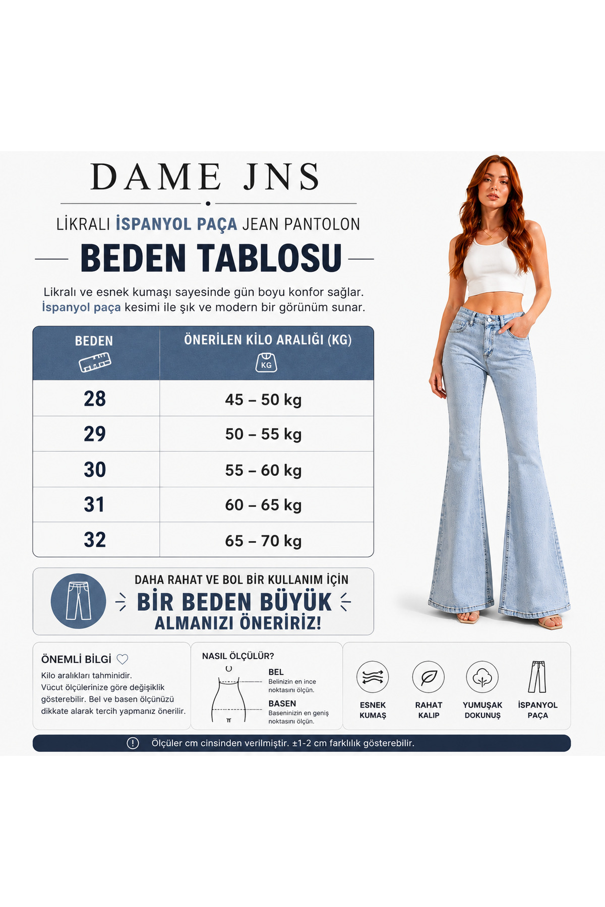 DAME JEANS Kadın Yüksek Bel Likralı İspanyol Paça Jean Pantolon Esnek Rahat Kalıp Açık Mavi görsel 4