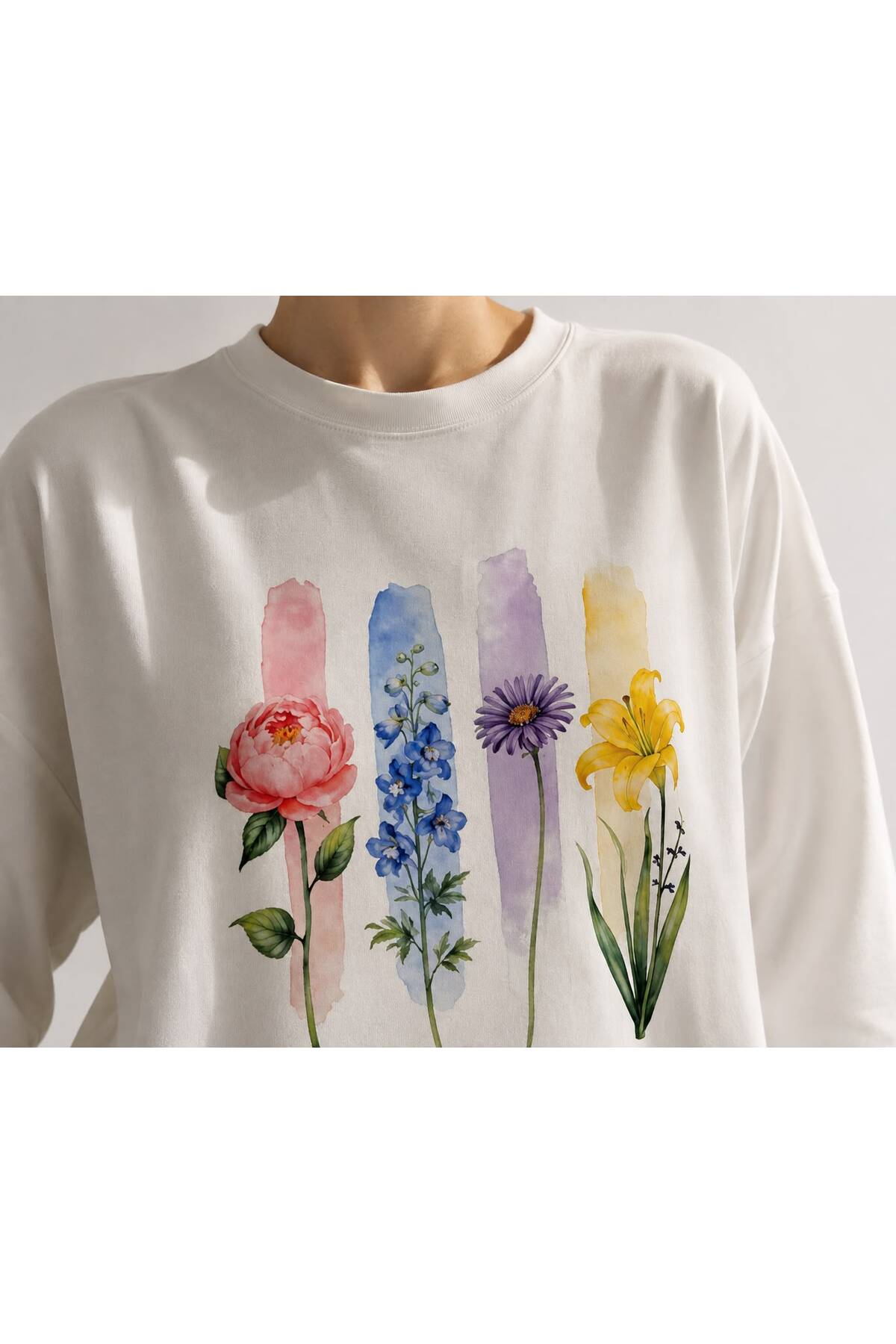 Hira Online Beyaz Botanical Baskılı Tesettüre Uygun Uzun Kollu T-Shirt görsel 2