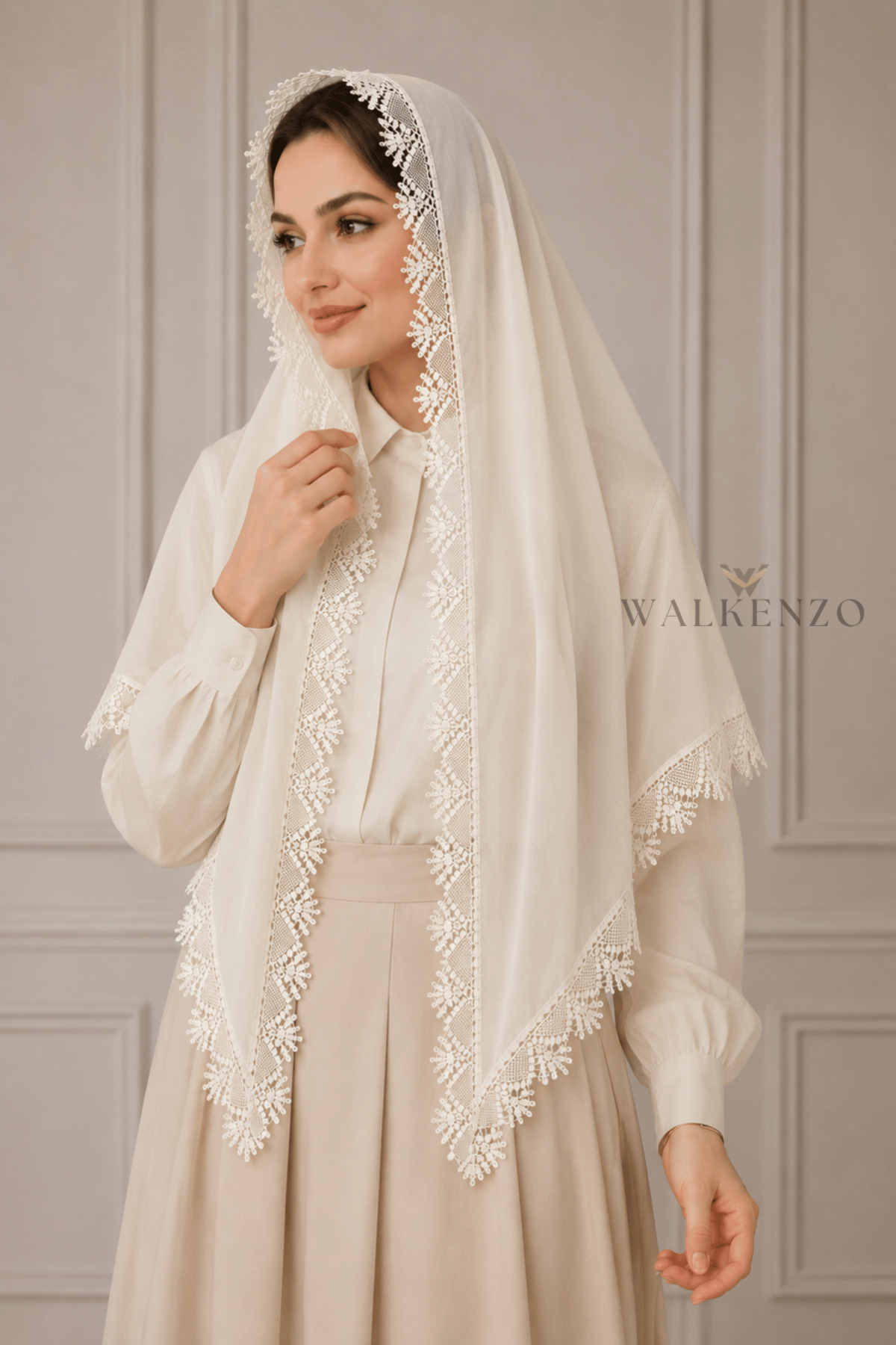 Walkenzo İğne Oyası El İşçiliği Gibi Mevlüt Örtüsü | Çeyizlik Namaz Başörtüsü Şal 70x150 cm- KIRIK BEYAZ (SEDEF)