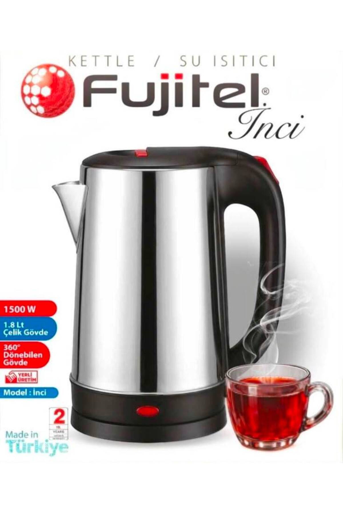 FUJITEL İnci Kettle / Su Isıtıcı 1,8 L. Paslanmaz Çelik 1500 Watt Gizli Rezidans360 Dönebilen Gövde 1,5 mt Kablo Uzunluğu