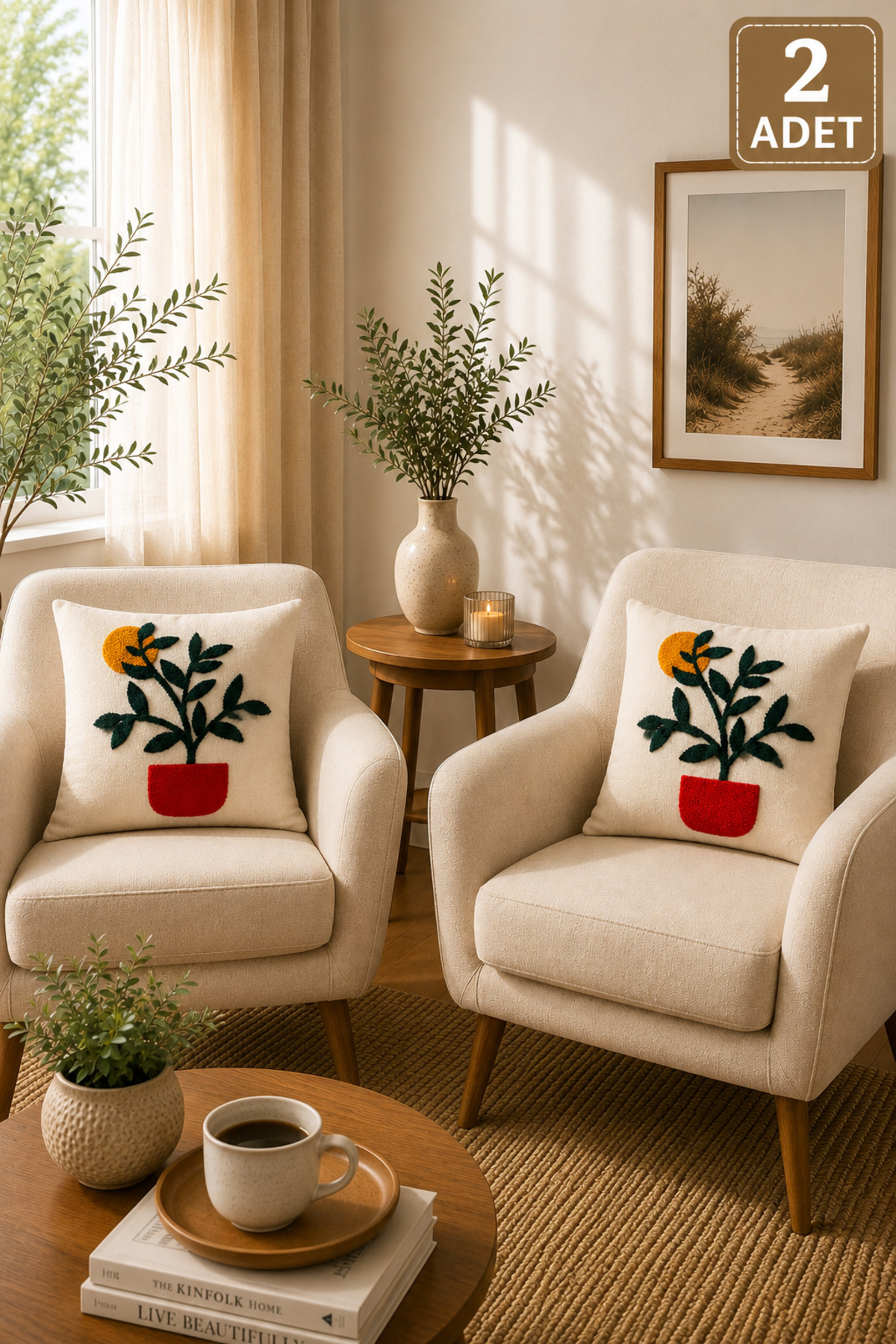 2 Adet Punch Kırlent Kılıfı 43x43 cm – Dekoratif Nakışlı Kırlent Seti