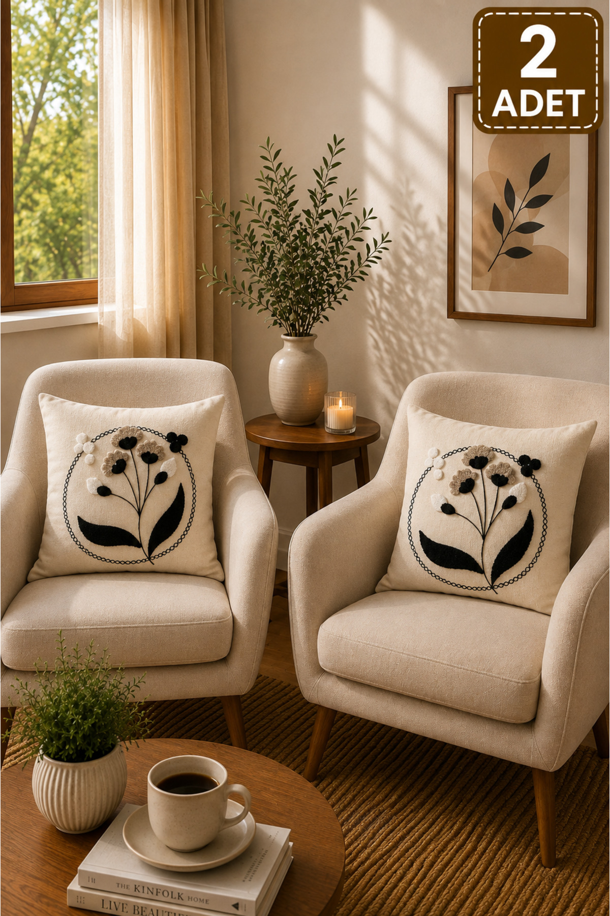 2 Adet Punch Kırlent Kılıfı 43x43 cm – Dekoratif Nakışlı Kırlent Seti